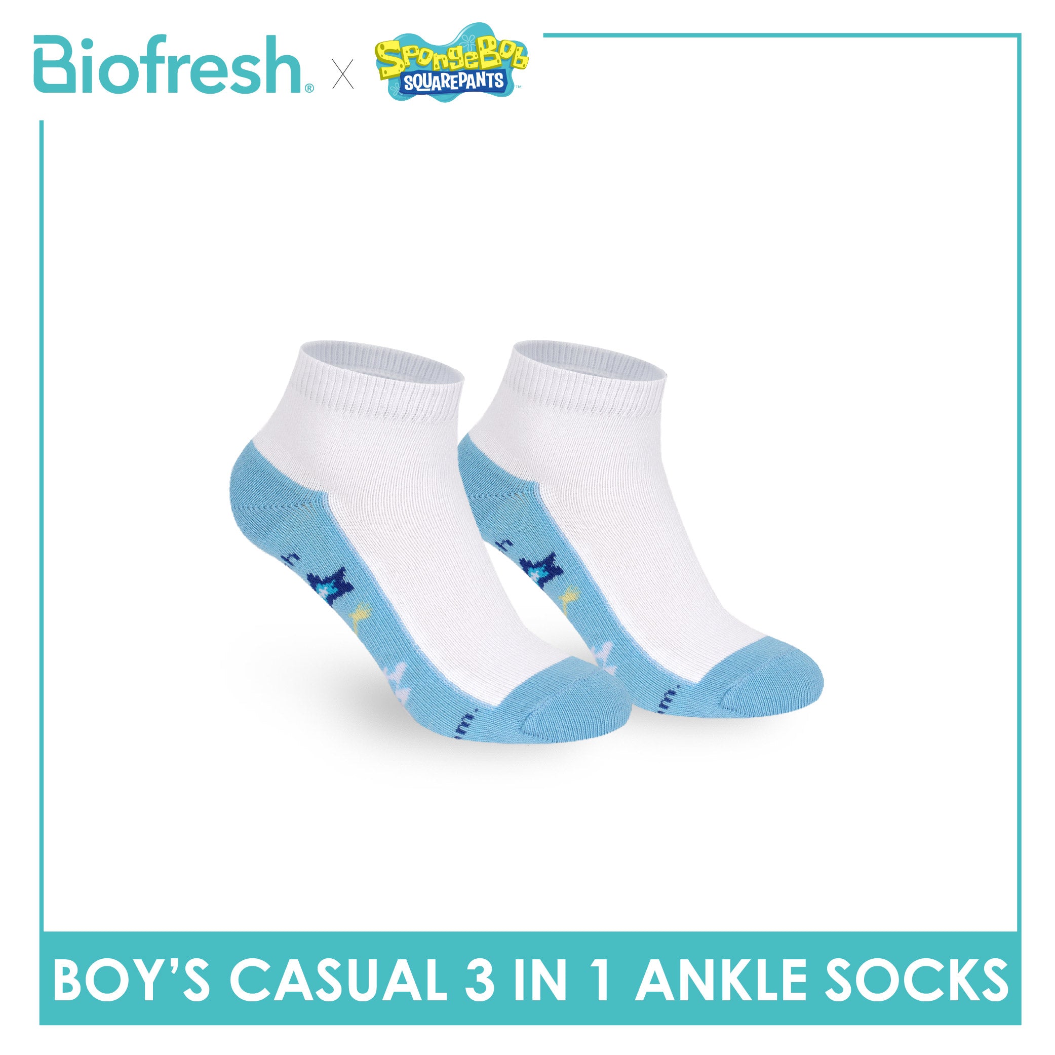 Biofresh | SpongeBob Boys' Antimicrobial Cotton Thin Casual Ankle Socks 3 pairs in 1 pack SBRBCKG7