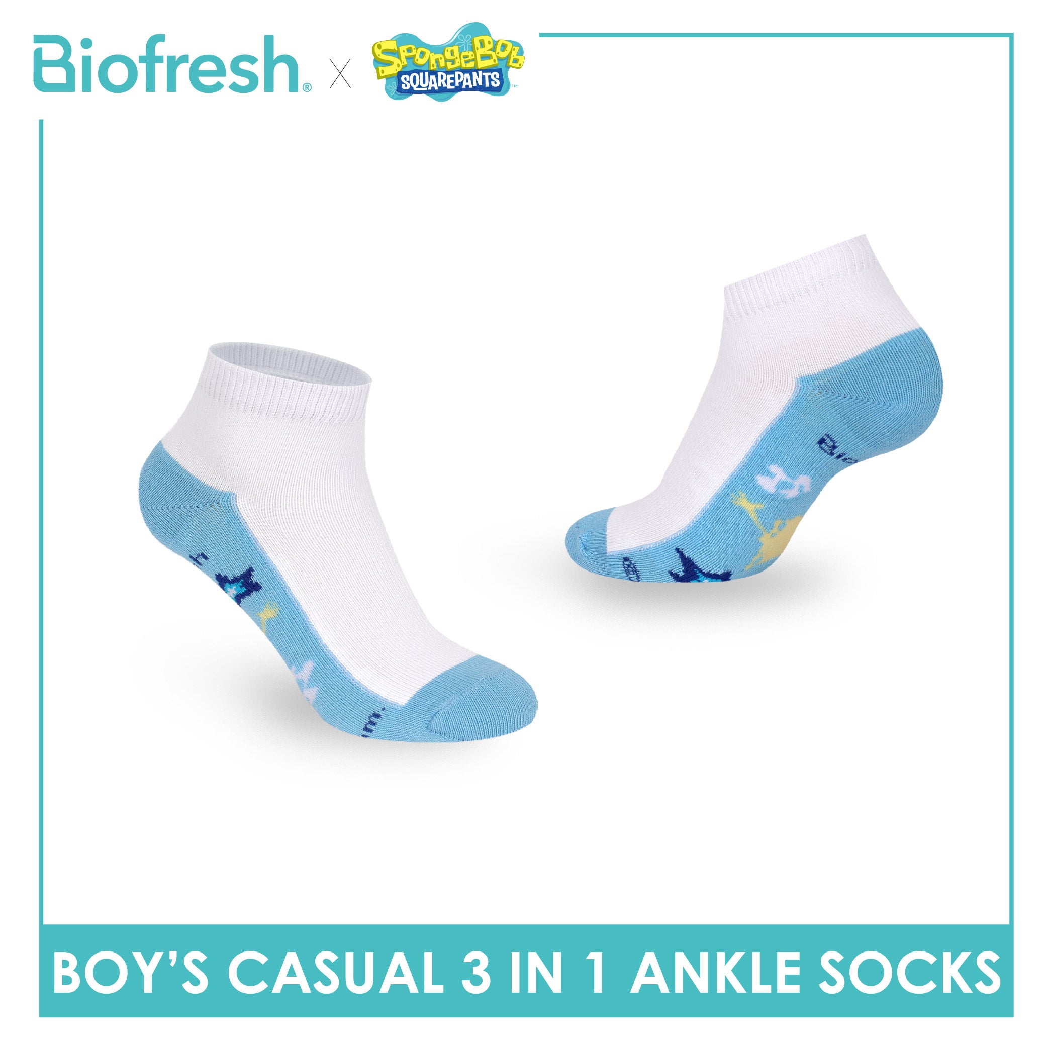 Biofresh | SpongeBob Boys' Antimicrobial Cotton Thin Casual Ankle Socks 3 pairs in 1 pack SBRBCKG7