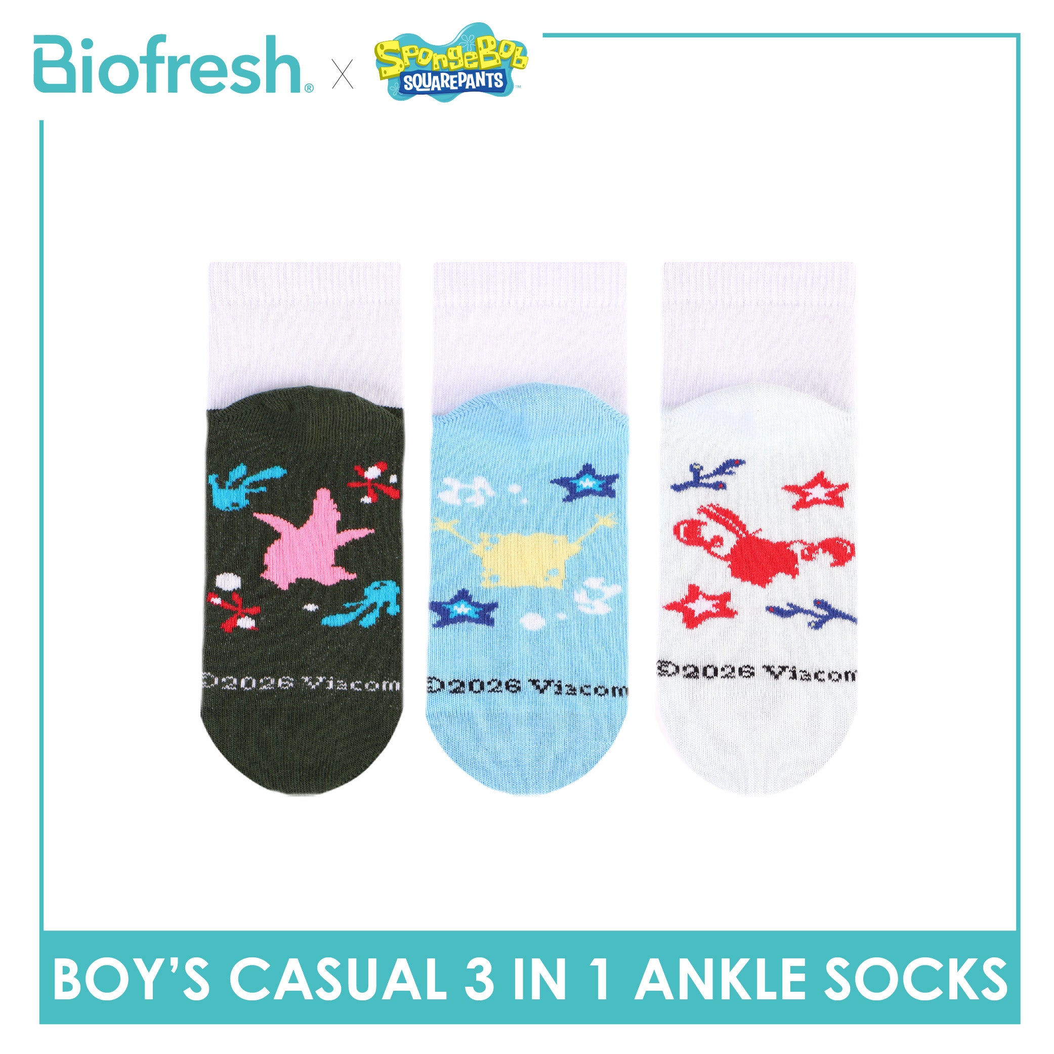 Biofresh | SpongeBob Boys' Antimicrobial Cotton Thin Casual Ankle Socks 3 pairs in 1 pack SBRBCKG7