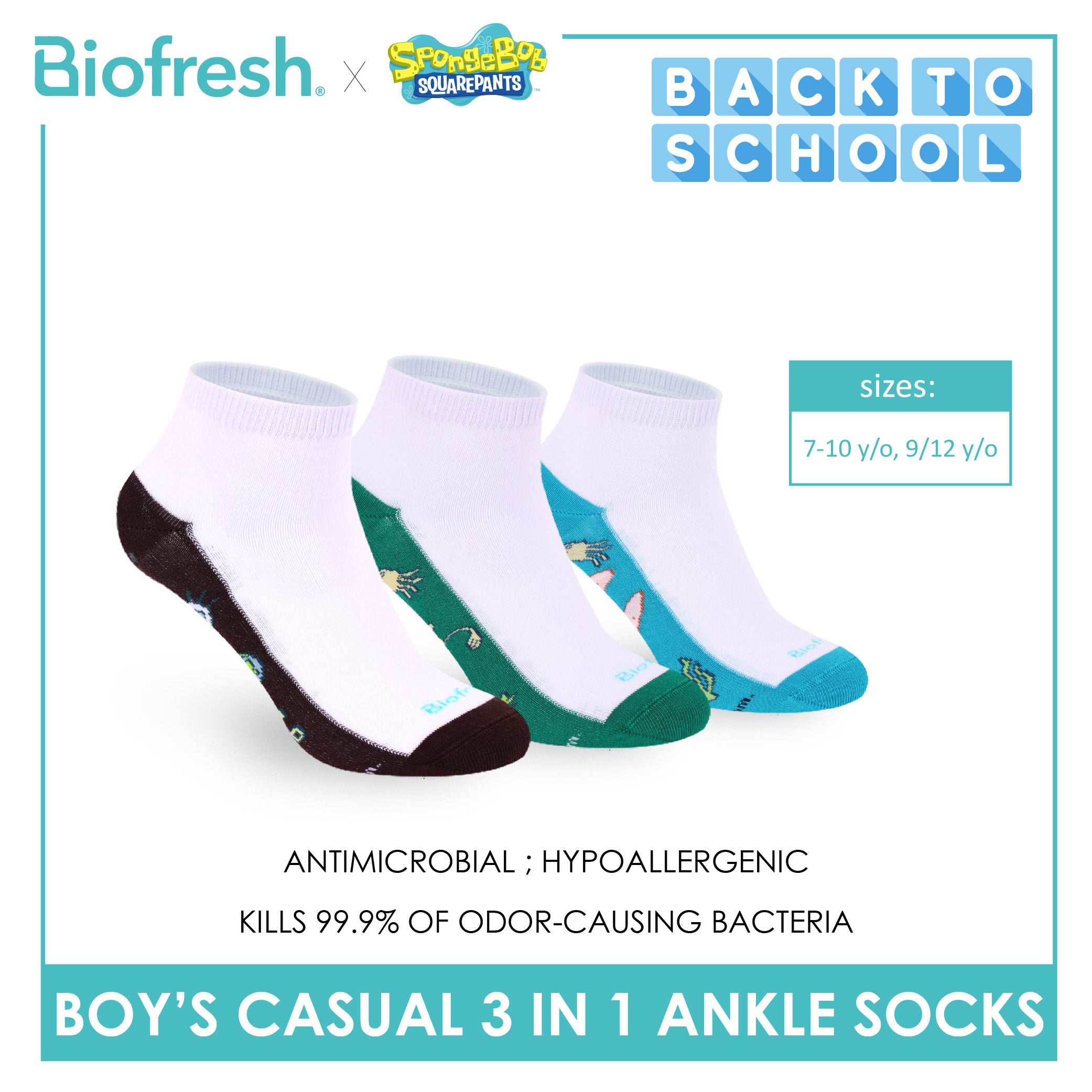 Biofresh | SpongeBob Boys' Antimicrobial Cotton Thin Casual Ankle Socks 3 pairs in 1 pack SBRBCKG8