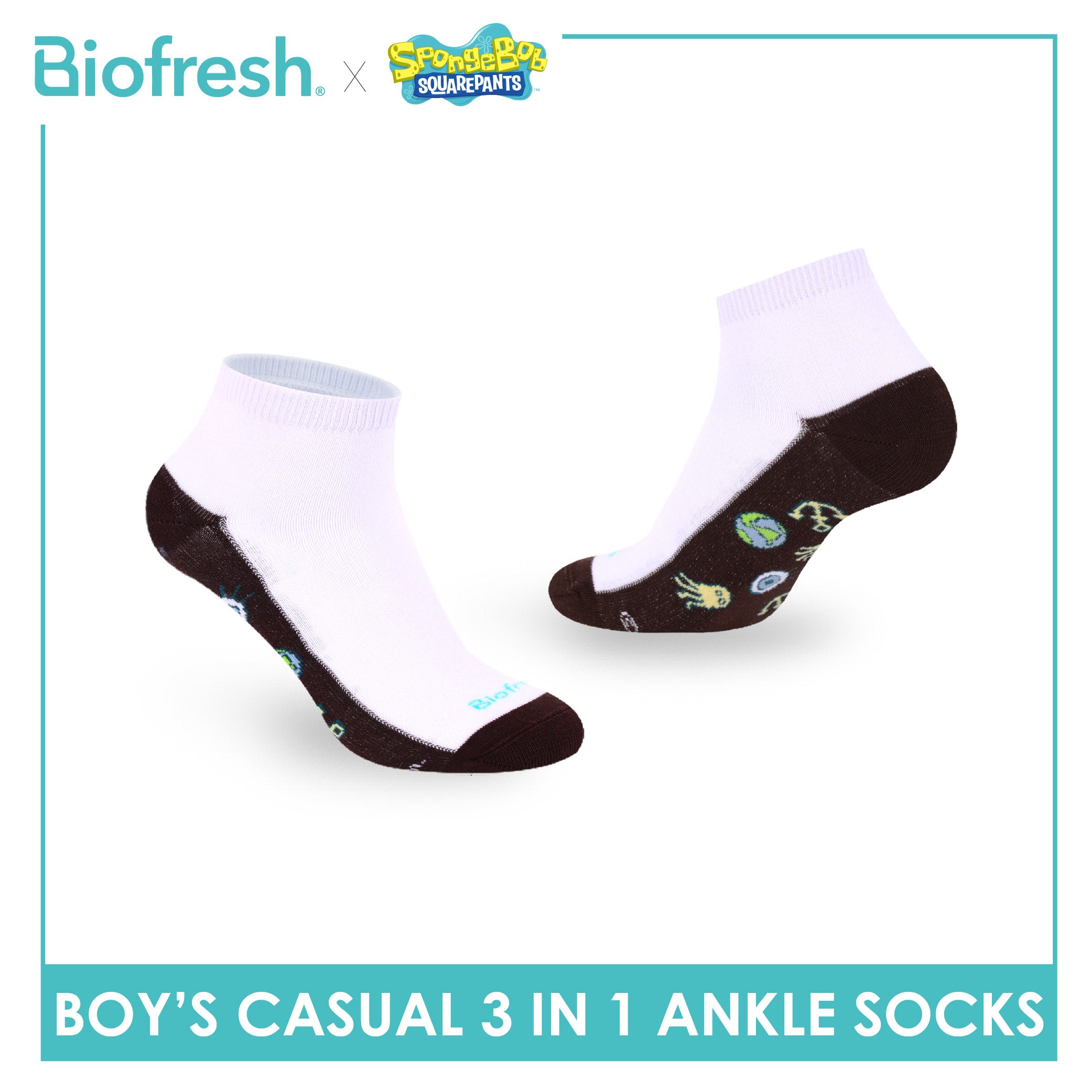 Biofresh | SpongeBob Boys' Antimicrobial Cotton Thin Casual Ankle Socks 3 pairs in 1 pack SBRBCKG8