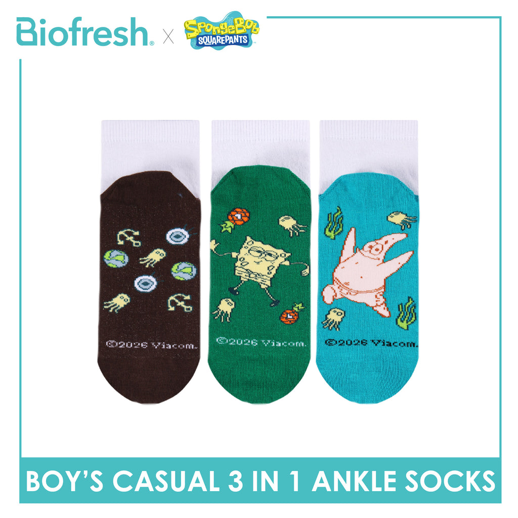Biofresh | SpongeBob Boys' Antimicrobial Cotton Thin Casual Ankle Socks 3 pairs in 1 pack SBRBCKG8