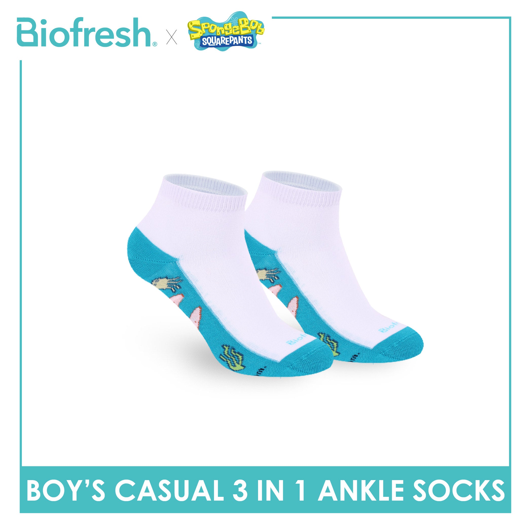 Biofresh | SpongeBob Boys' Antimicrobial Cotton Thin Casual Ankle Socks 3 pairs in 1 pack SBRBCKG8