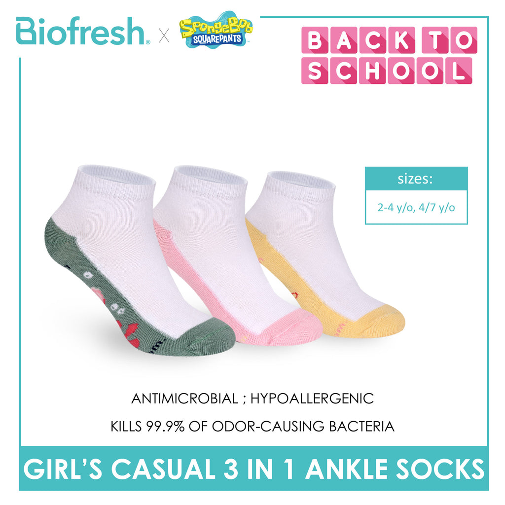 Biofresh | SpongeBob Girls' Antimicrobial Cotton Thin Casual Ankle Socks 3 pairs in 1 pack SBRGCKG5
