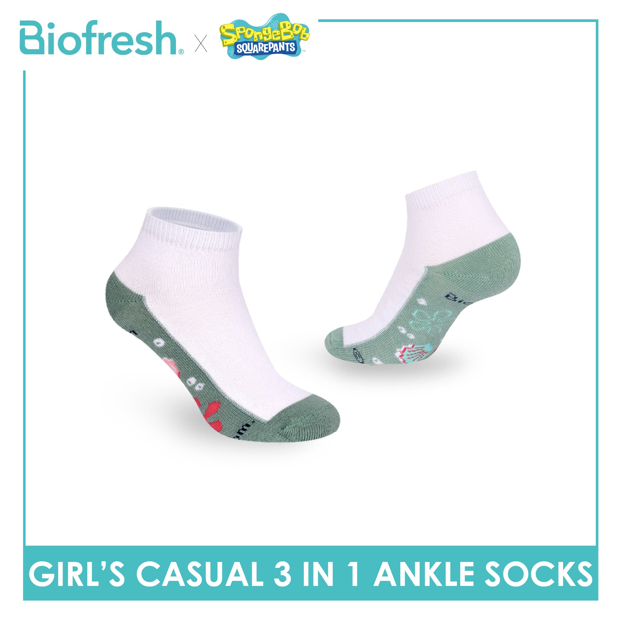 Biofresh | SpongeBob Girls' Antimicrobial Cotton Thin Casual Ankle Socks 3 pairs in 1 pack SBRGCKG5