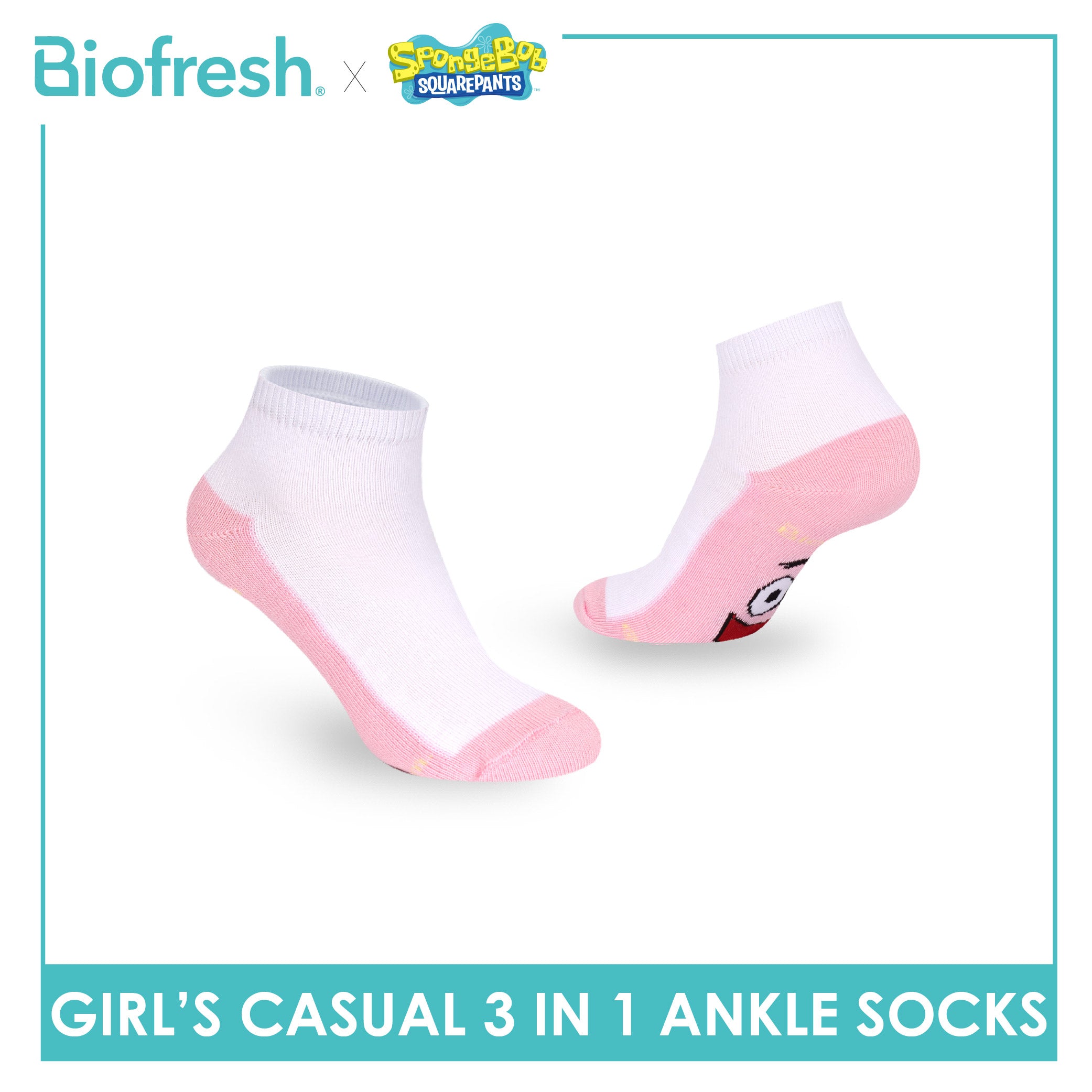 Biofresh | SpongeBob Girls' Antimicrobial Cotton Thin Casual Ankle Socks 3 pairs in 1 pack SBRGCKG5