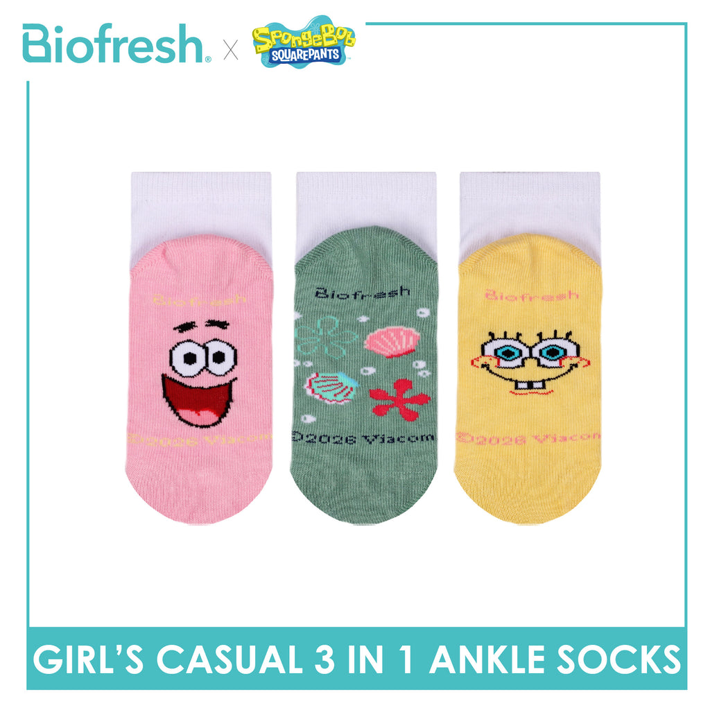 Biofresh | SpongeBob Girls' Antimicrobial Cotton Thin Casual Ankle Socks 3 pairs in 1 pack SBRGCKG5
