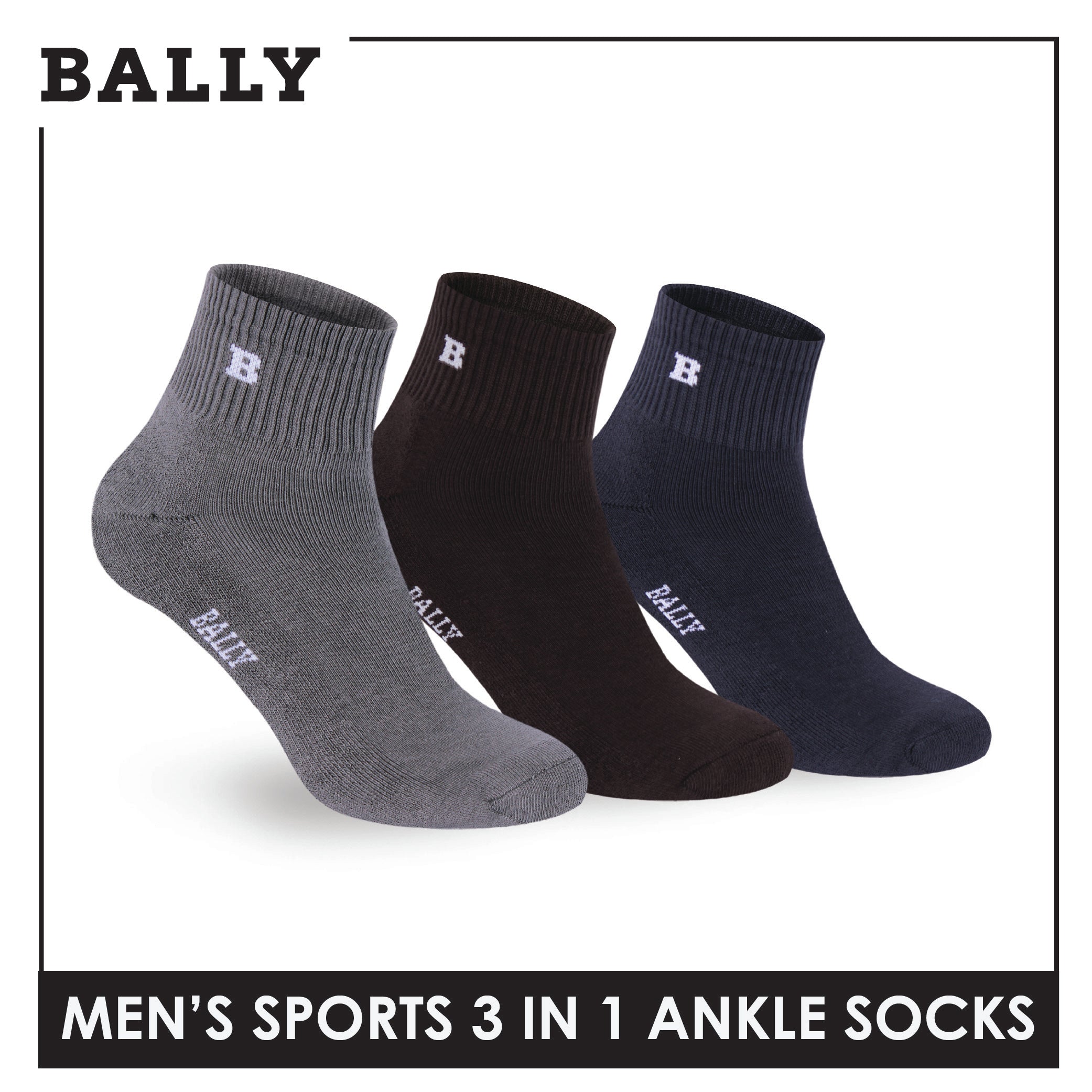 Bally Men's Premium Cotton Thick Sports Ankle Socks 3 pairs in 1 pack YMSKG5