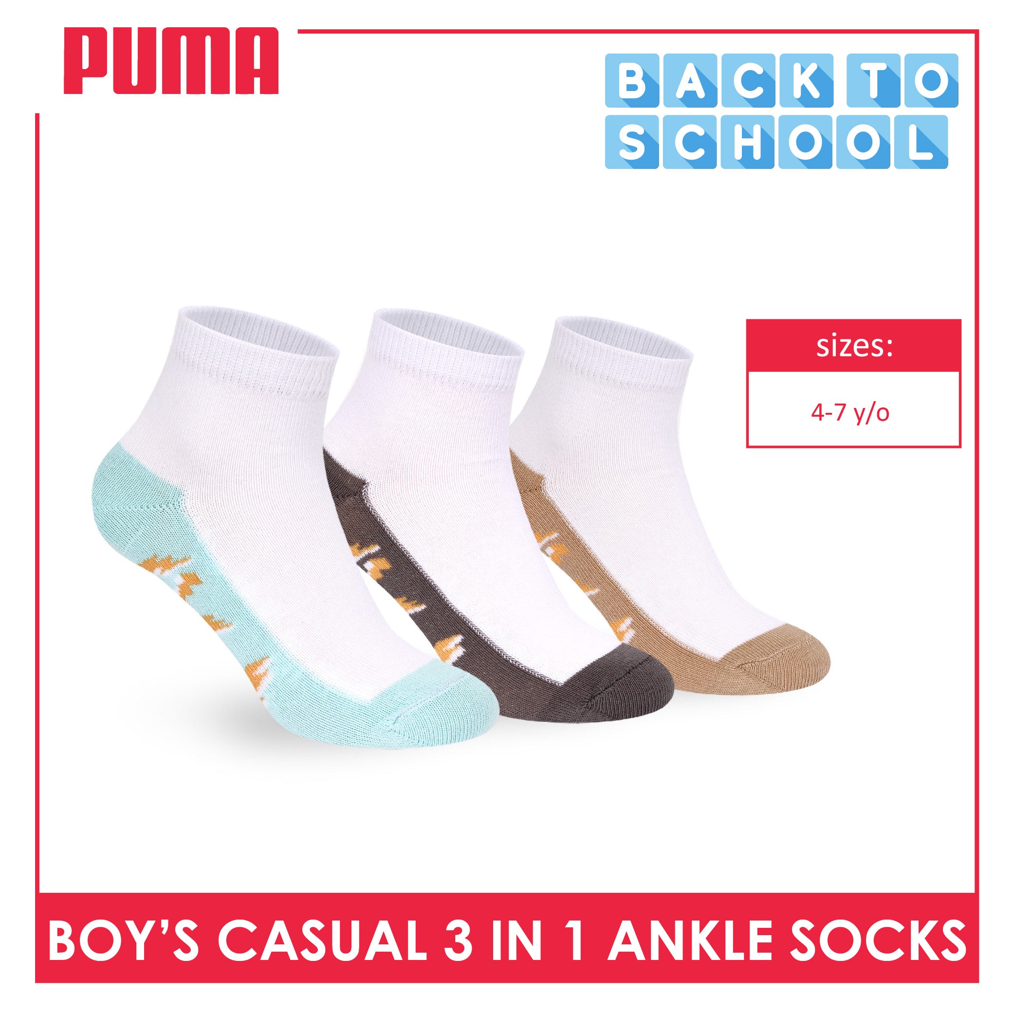 Puma Boys’ Cotton Thin Casual Ankle Socks 3 pairs in 1 pack PBCKG34