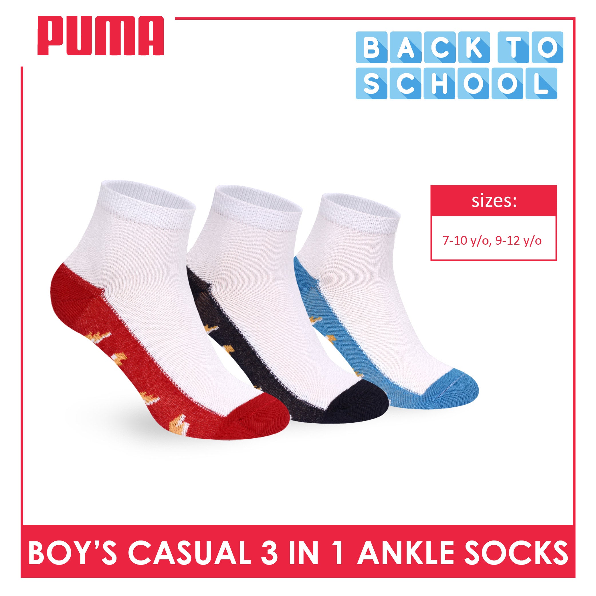 Puma Boys’ Cotton Thin Casual Ankle Socks 3 pairs in 1 pack PBCKG34