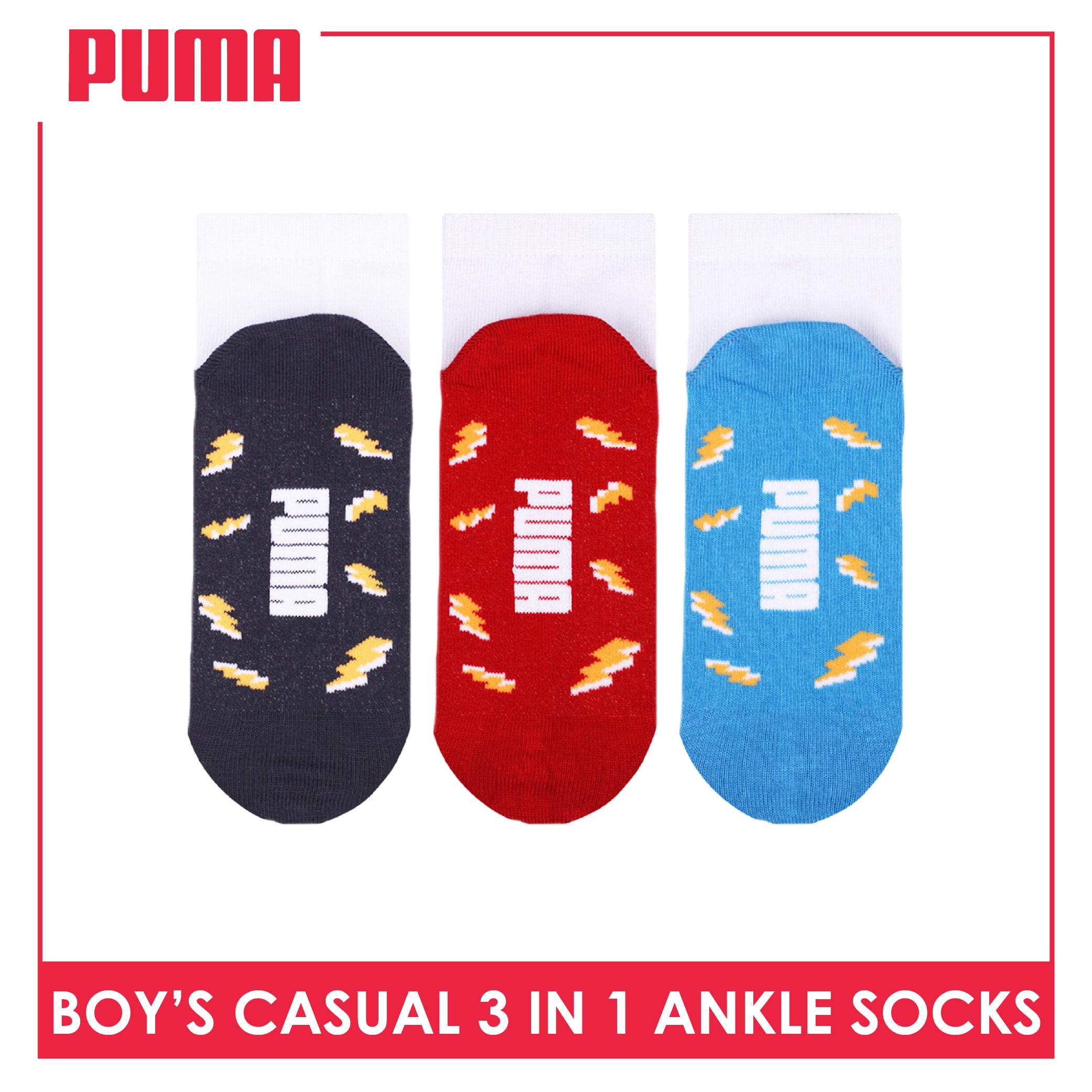 Puma Boys’ Cotton Thin Casual Ankle Socks 3 pairs in 1 pack PBCKG34