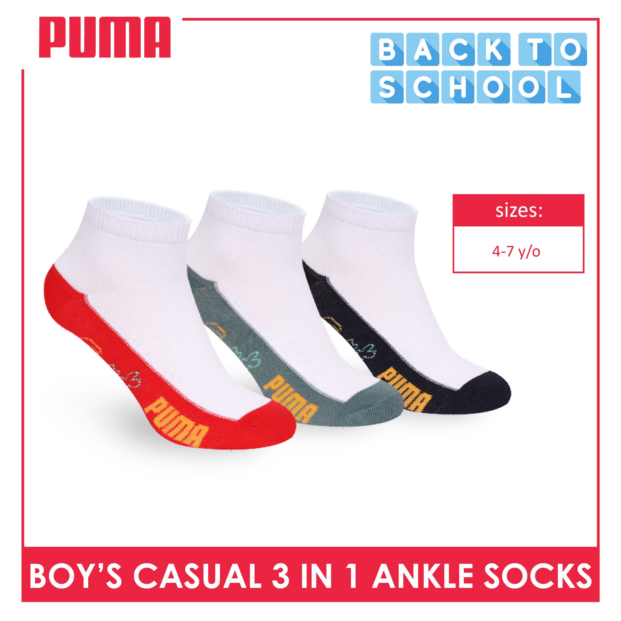 Puma Boys’ Cotton Thin Casual Ankle Socks 3 pairs in 1 pack PBCKG35