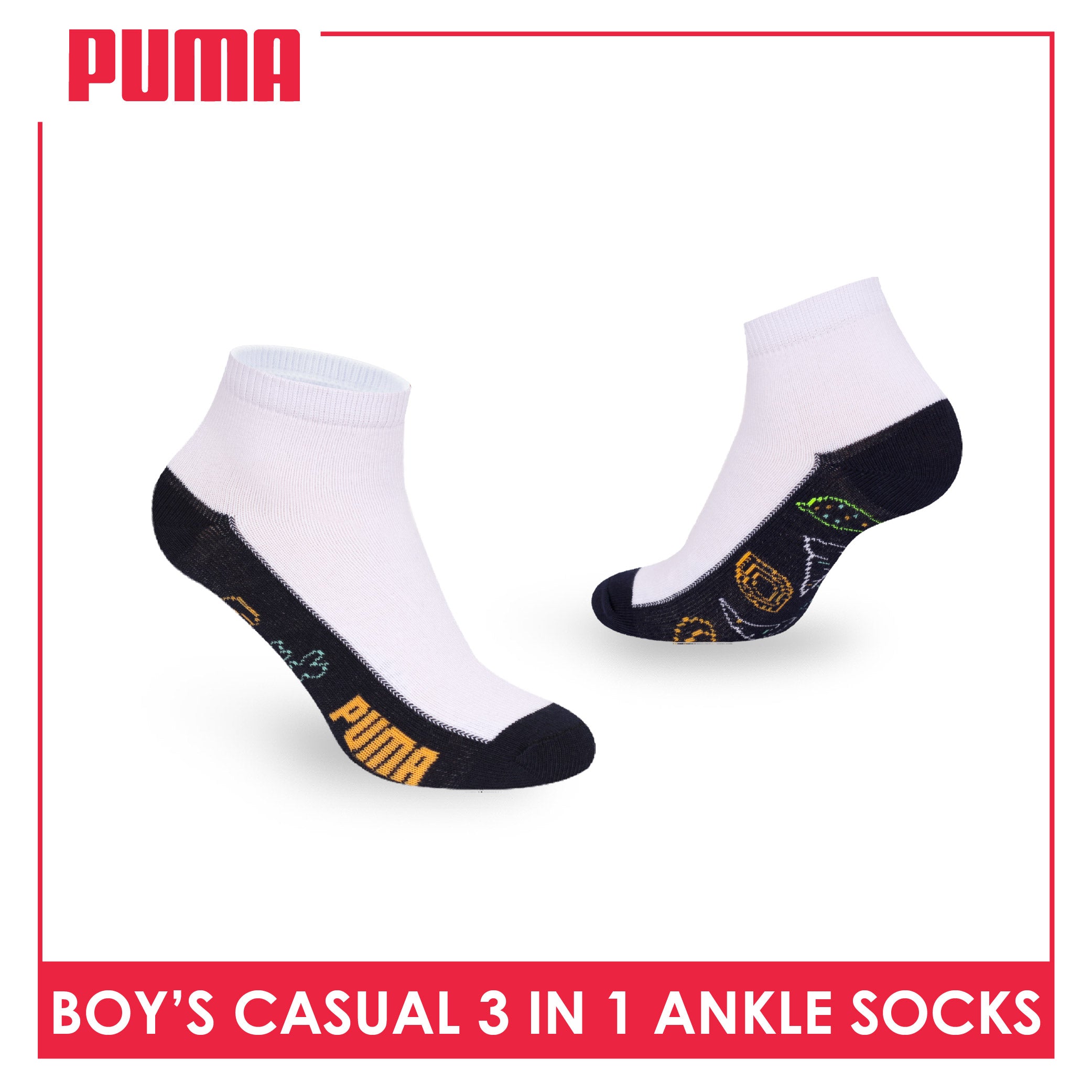 Puma Boys’ Cotton Thin Casual Ankle Socks 3 pairs in 1 pack PBCKG35
