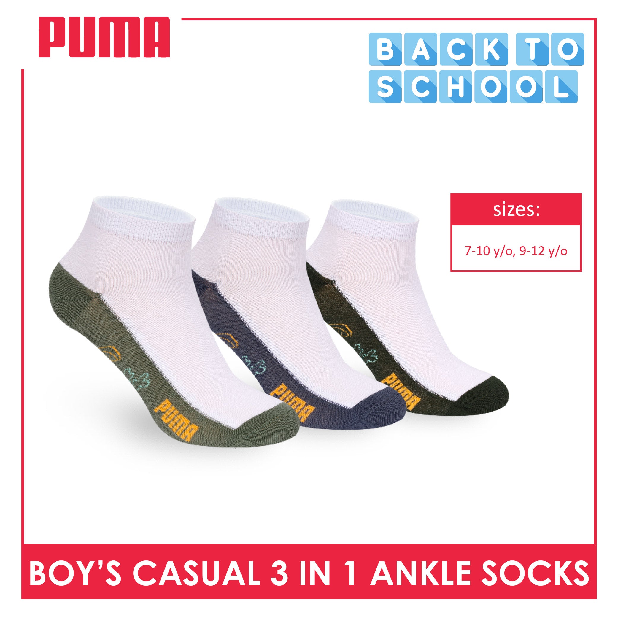 Puma Boys’ Cotton Thin Casual Ankle Socks 3 pairs in 1 pack PBCKG35