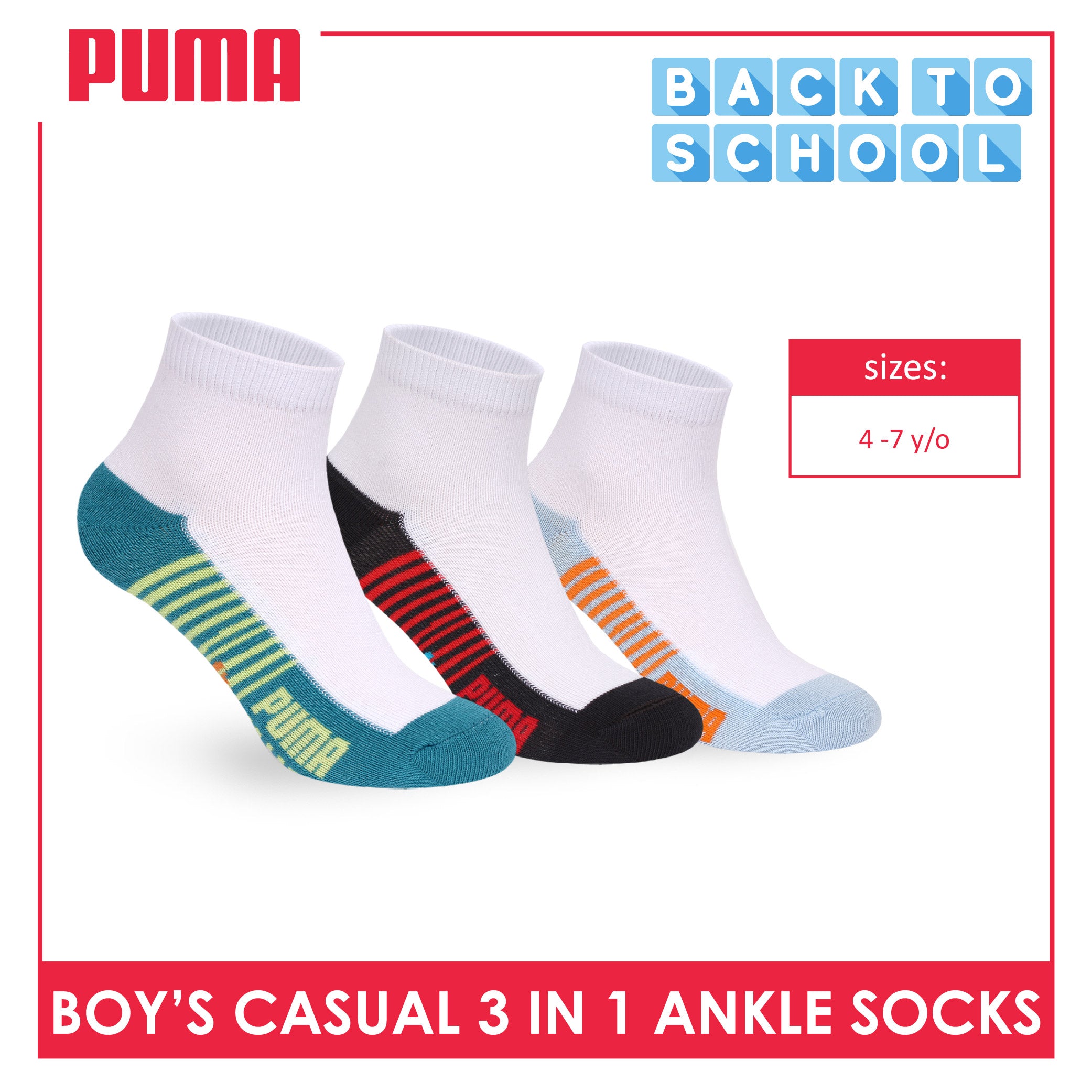 Puma Boys’ Cotton Thin Casual Ankle Socks 3 pairs in 1 pack PBCKG36