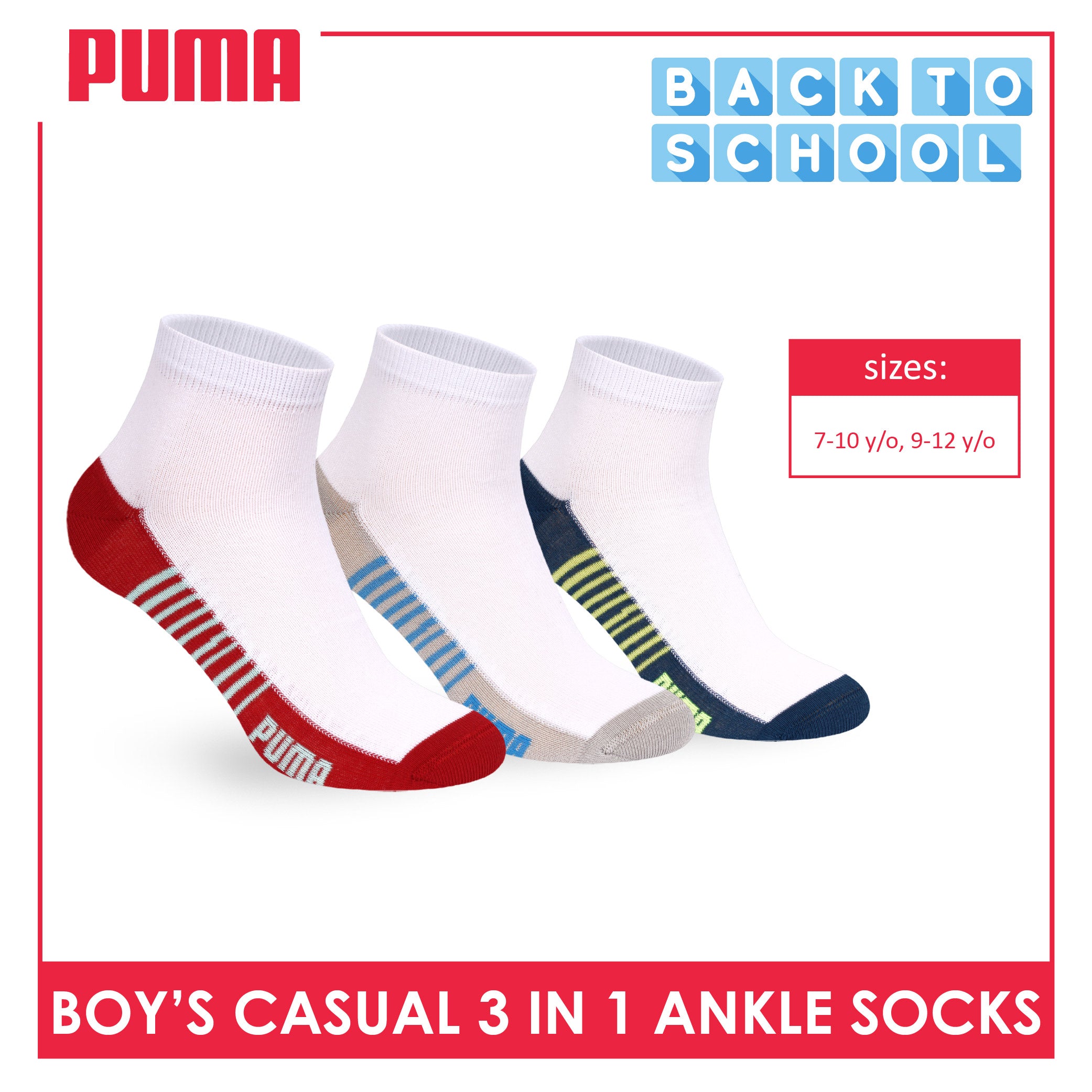 Puma Boys’ Cotton Thin Casual Ankle Socks 3 pairs in 1 pack PBCKG36