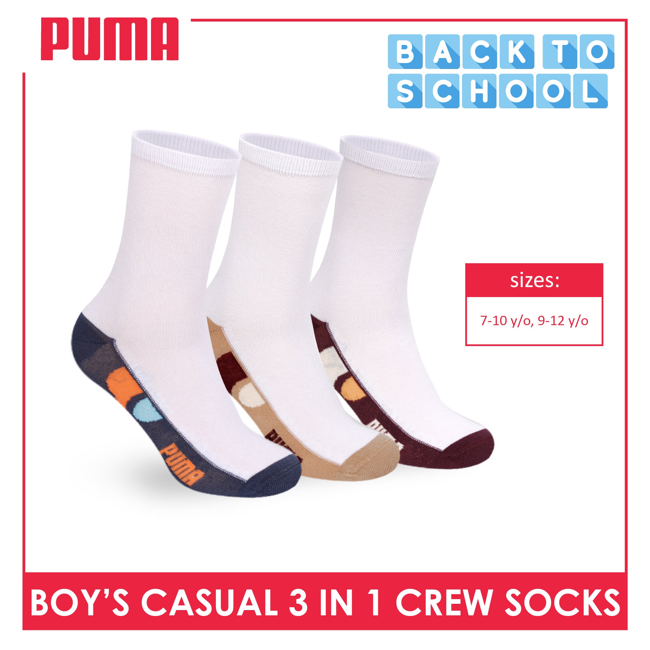 Puma Boys’ Cotton Thin Casual Crew Socks 3 pairs in 1 pack PBCKG38