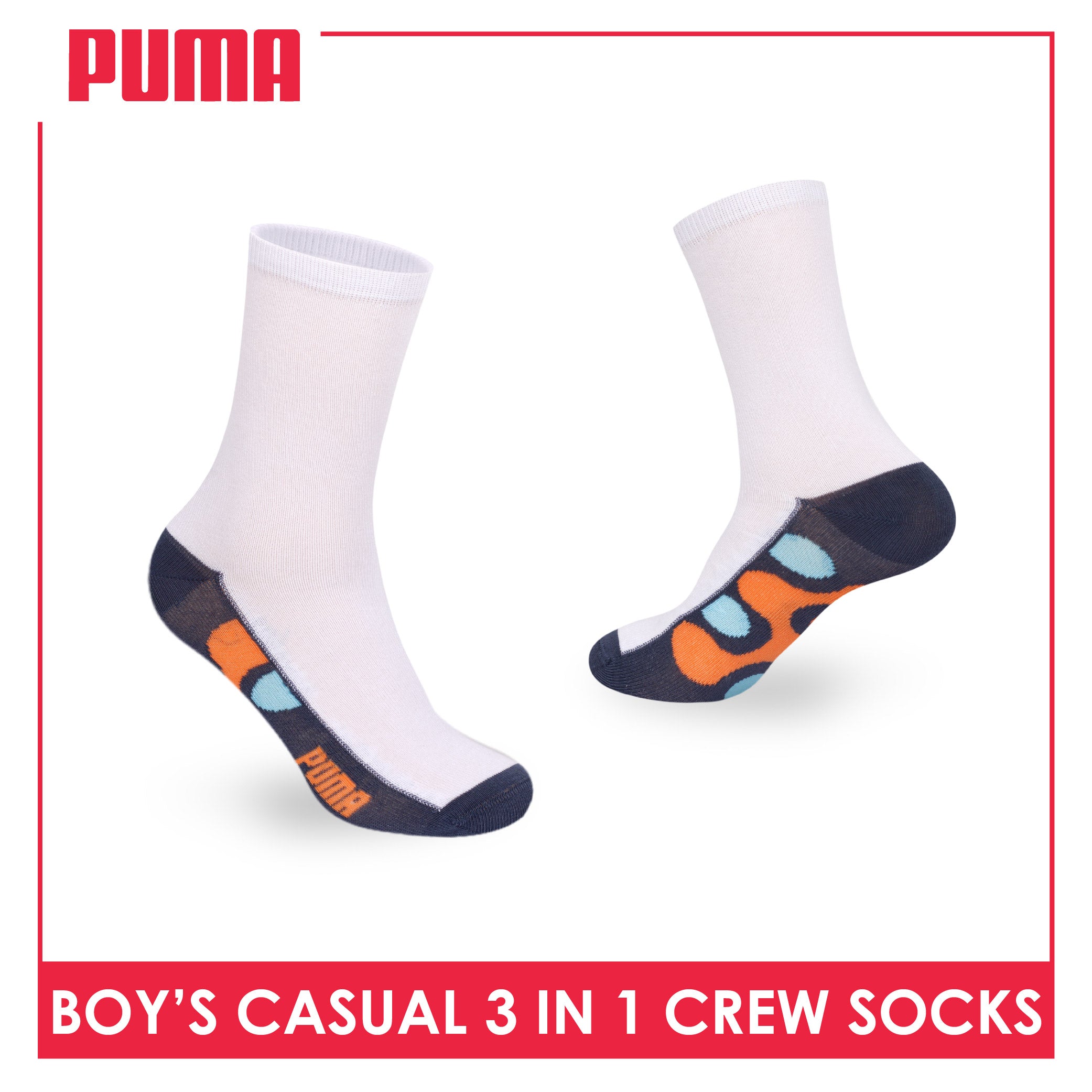 Puma Boys’ Cotton Thin Casual Crew Socks 3 pairs in 1 pack PBCKG38