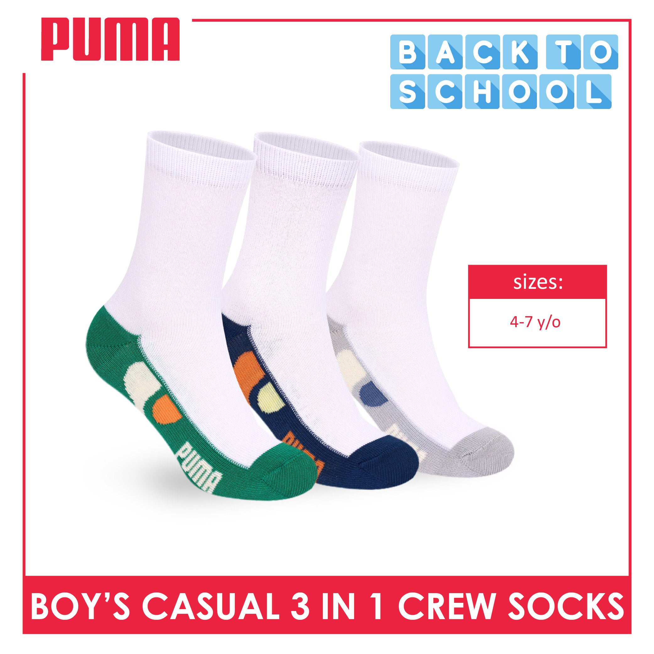 Puma Boys’ Cotton Thin Casual Crew Socks 3 pairs in 1 pack PBCKG38