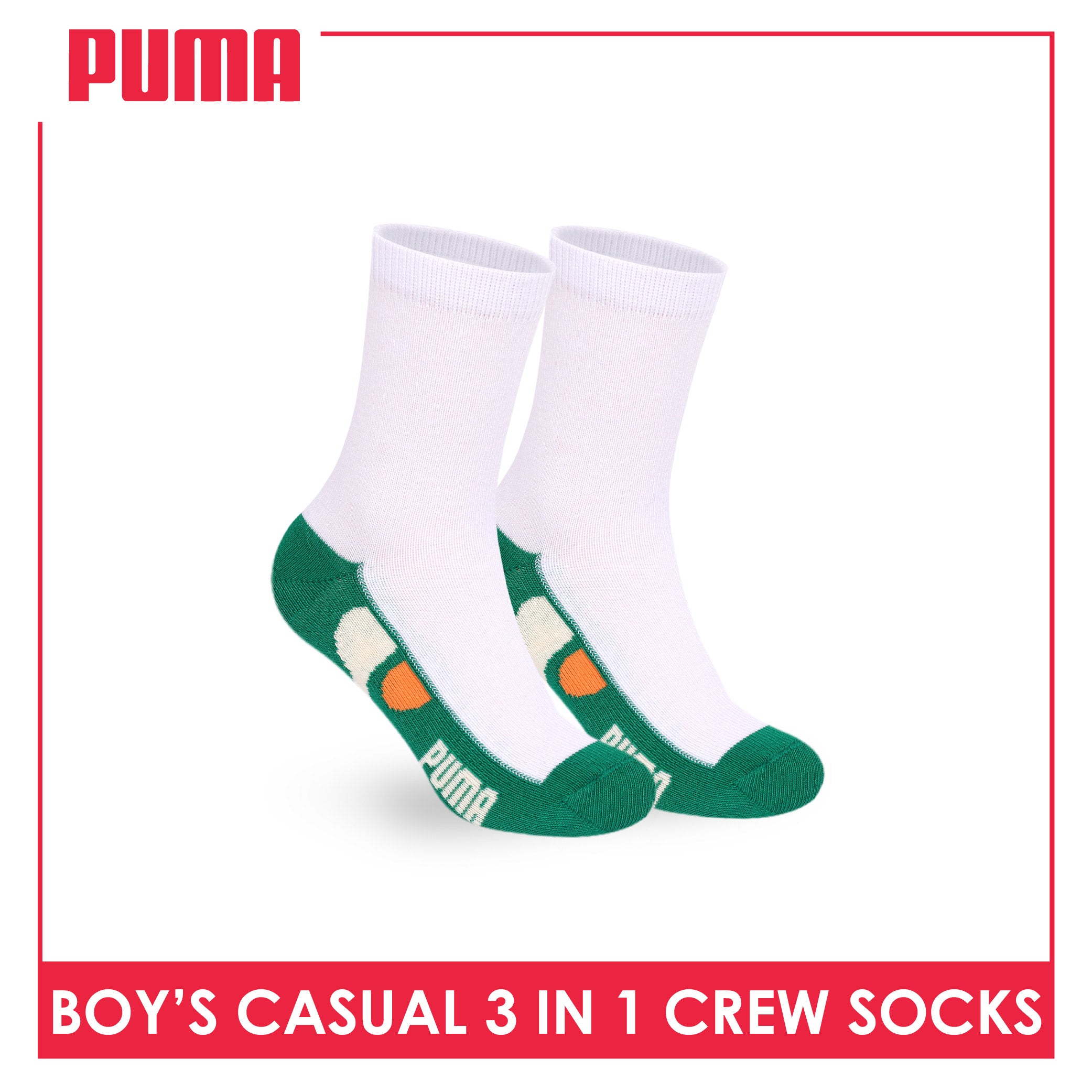 Puma Boys’ Cotton Thin Casual Crew Socks 3 pairs in 1 pack PBCKG38