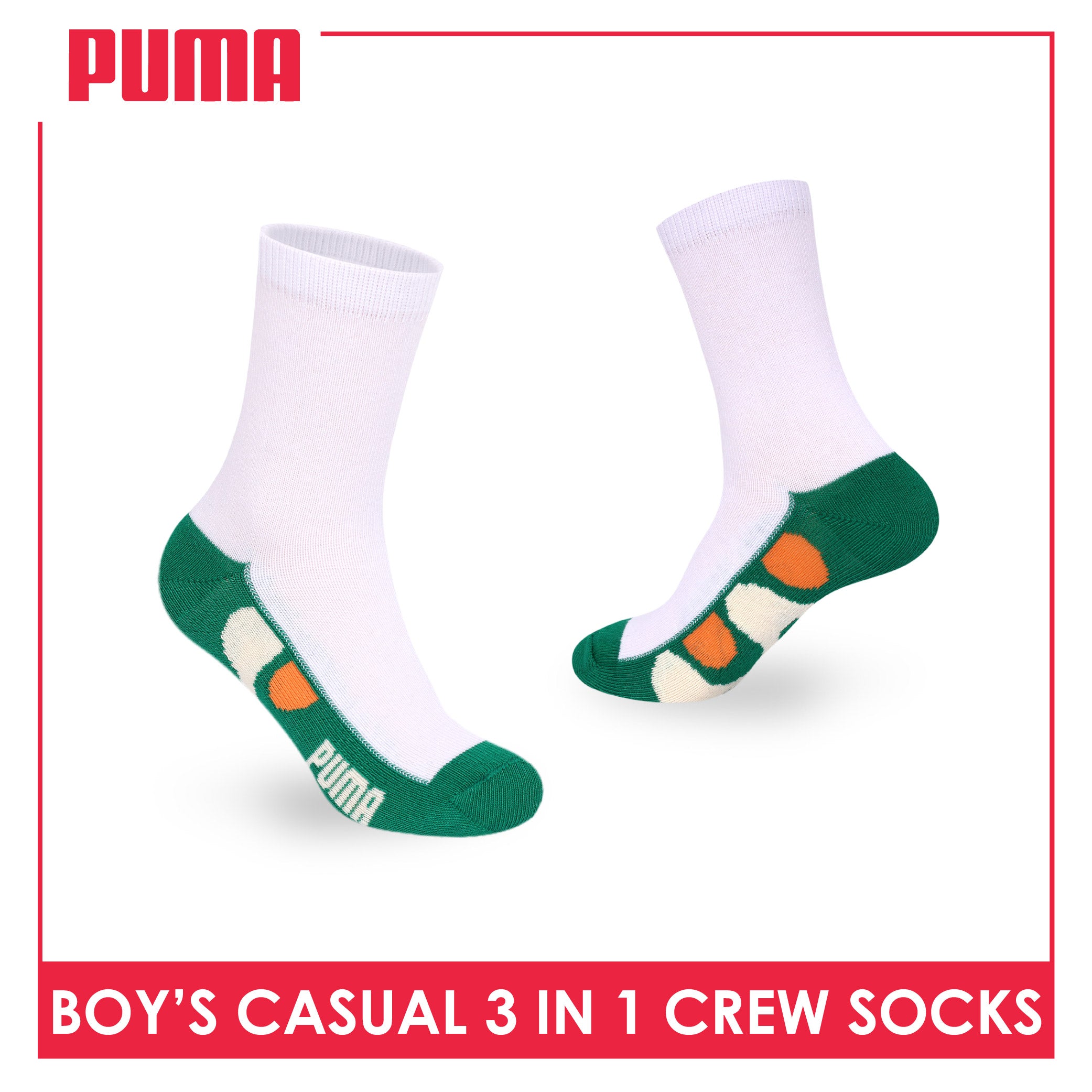 Puma Boys’ Cotton Thin Casual Crew Socks 3 pairs in 1 pack PBCKG38