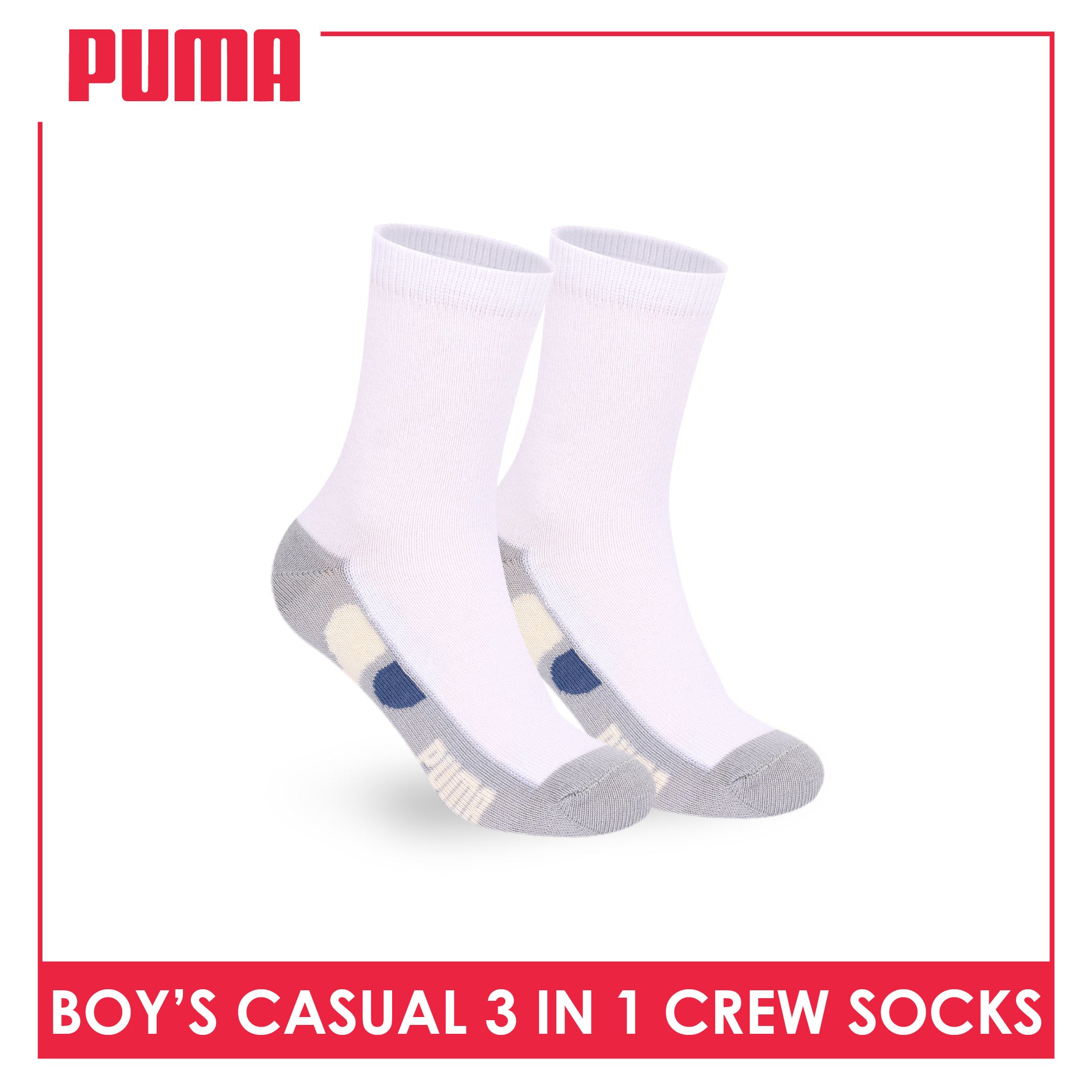 Puma Boys’ Cotton Thin Casual Crew Socks 3 pairs in 1 pack PBCKG38