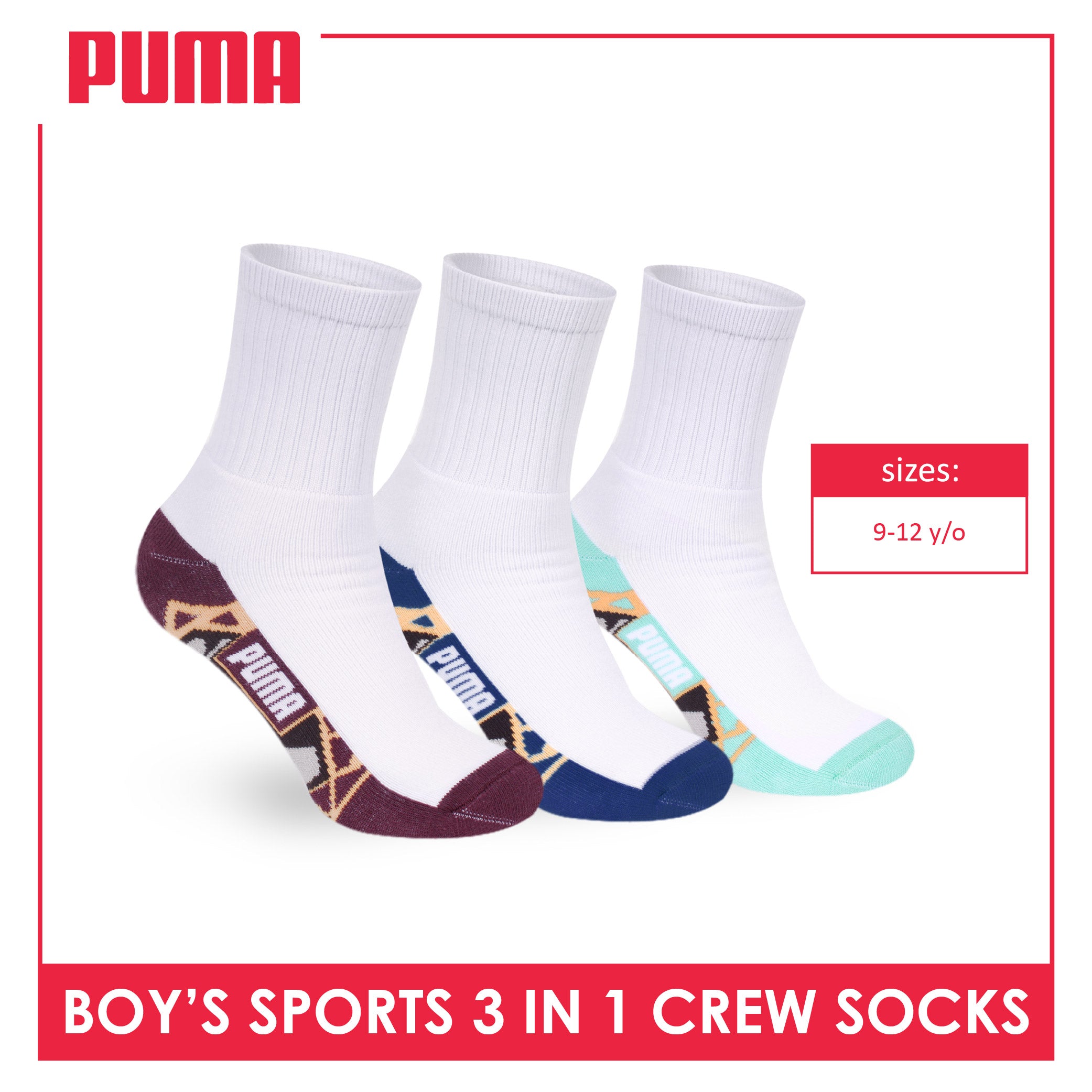 Puma Boys’ Cotton Thick Sports Crew Socks 3 pairs in 1 pack PBSKG24