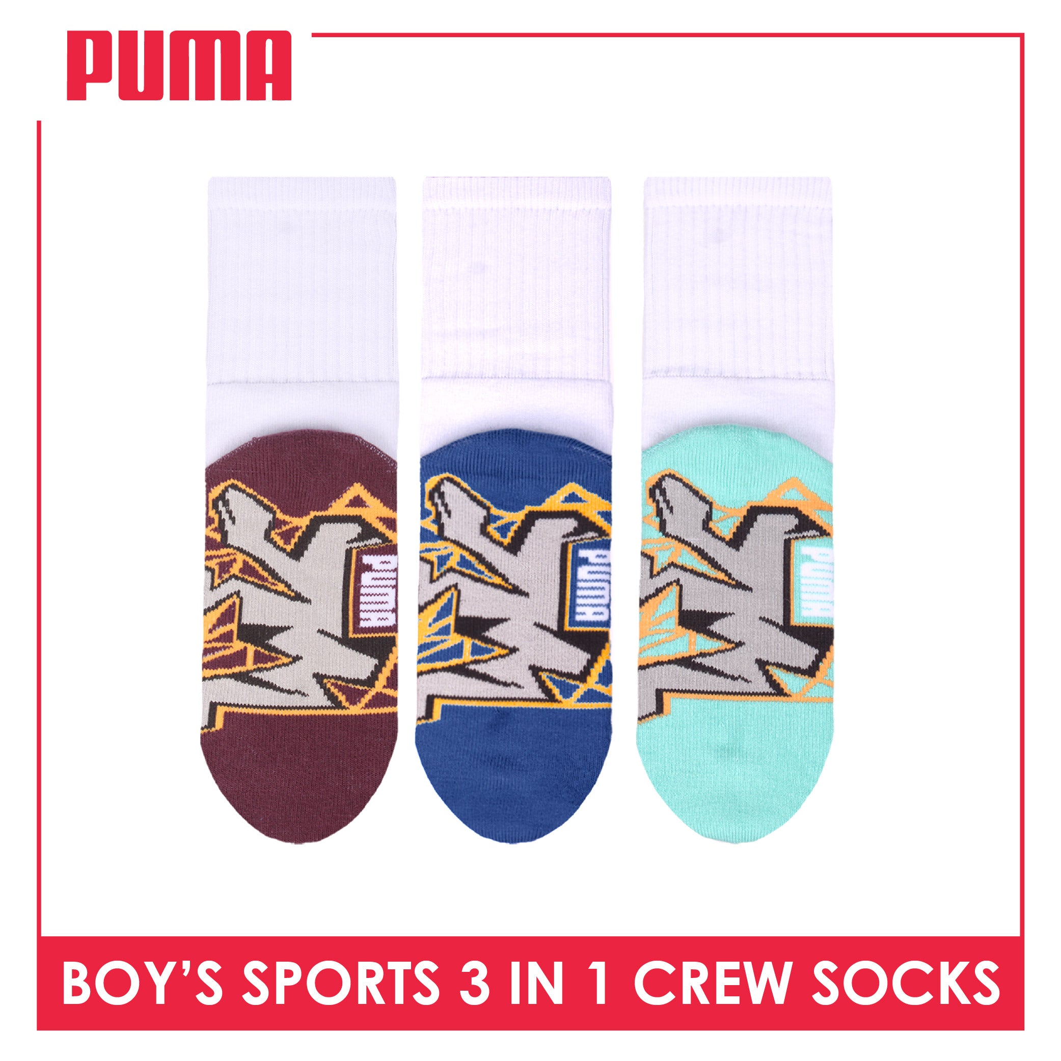 Puma Boys’ Cotton Thick Sports Crew Socks 3 pairs in 1 pack PBSKG24