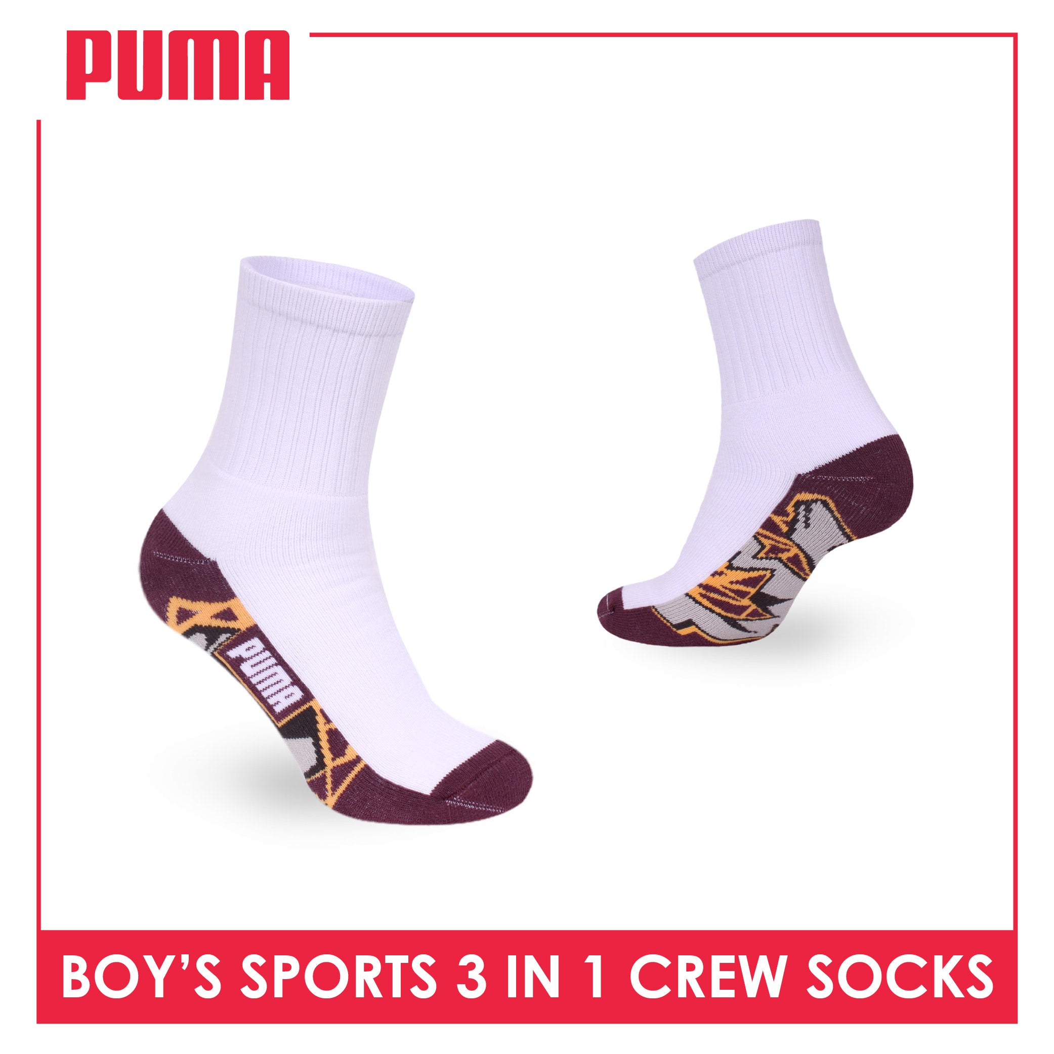 Puma Boys’ Cotton Thick Sports Crew Socks 3 pairs in 1 pack PBSKG24