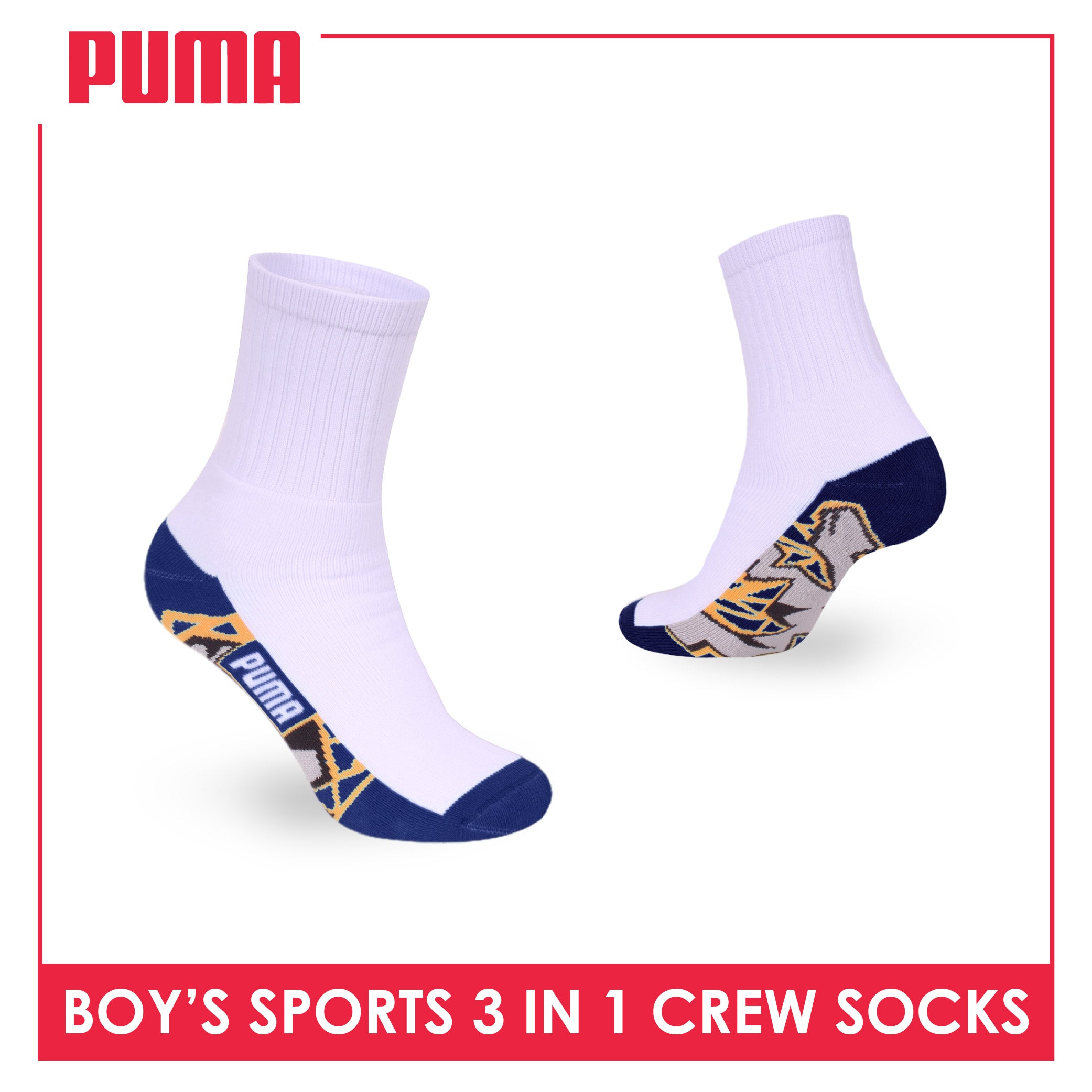 Puma Boys’ Cotton Thick Sports Crew Socks 3 pairs in 1 pack PBSKG24