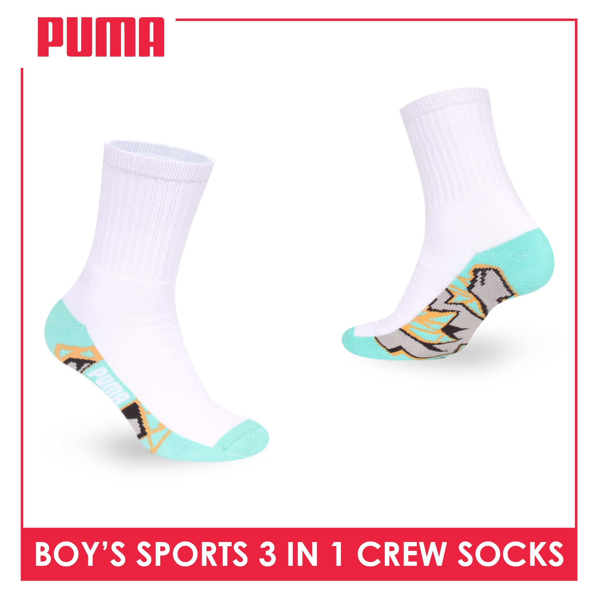 Puma Boys’ Cotton Thick Sports Crew Socks 3 pairs in 1 pack PBSKG24