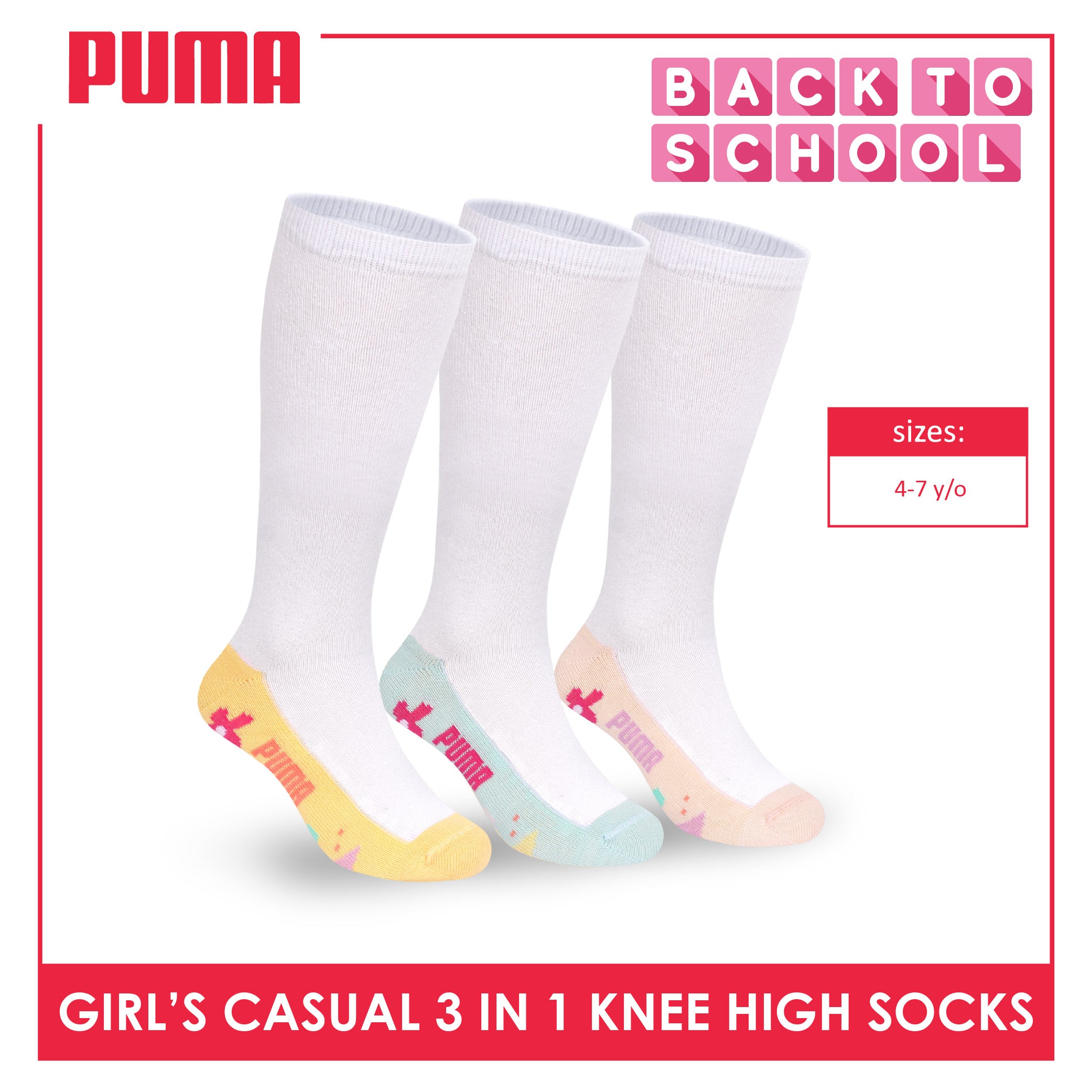 Puma Girls’ Cotton Thin Casual Knee High Socks 3 pairs in 1 pack PGKHG4