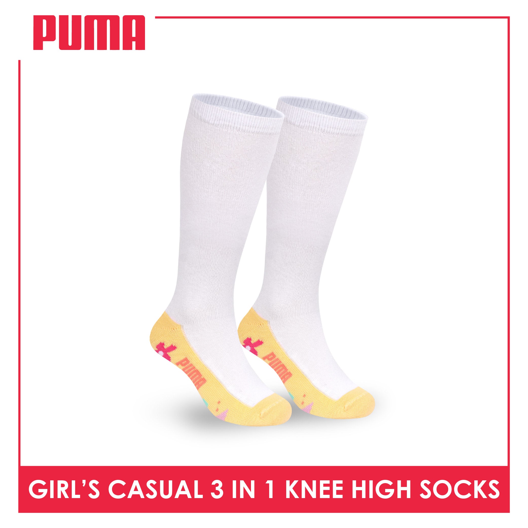 Puma Girls’ Cotton Thin Casual Knee High Socks 3 pairs in 1 pack PGKHG4