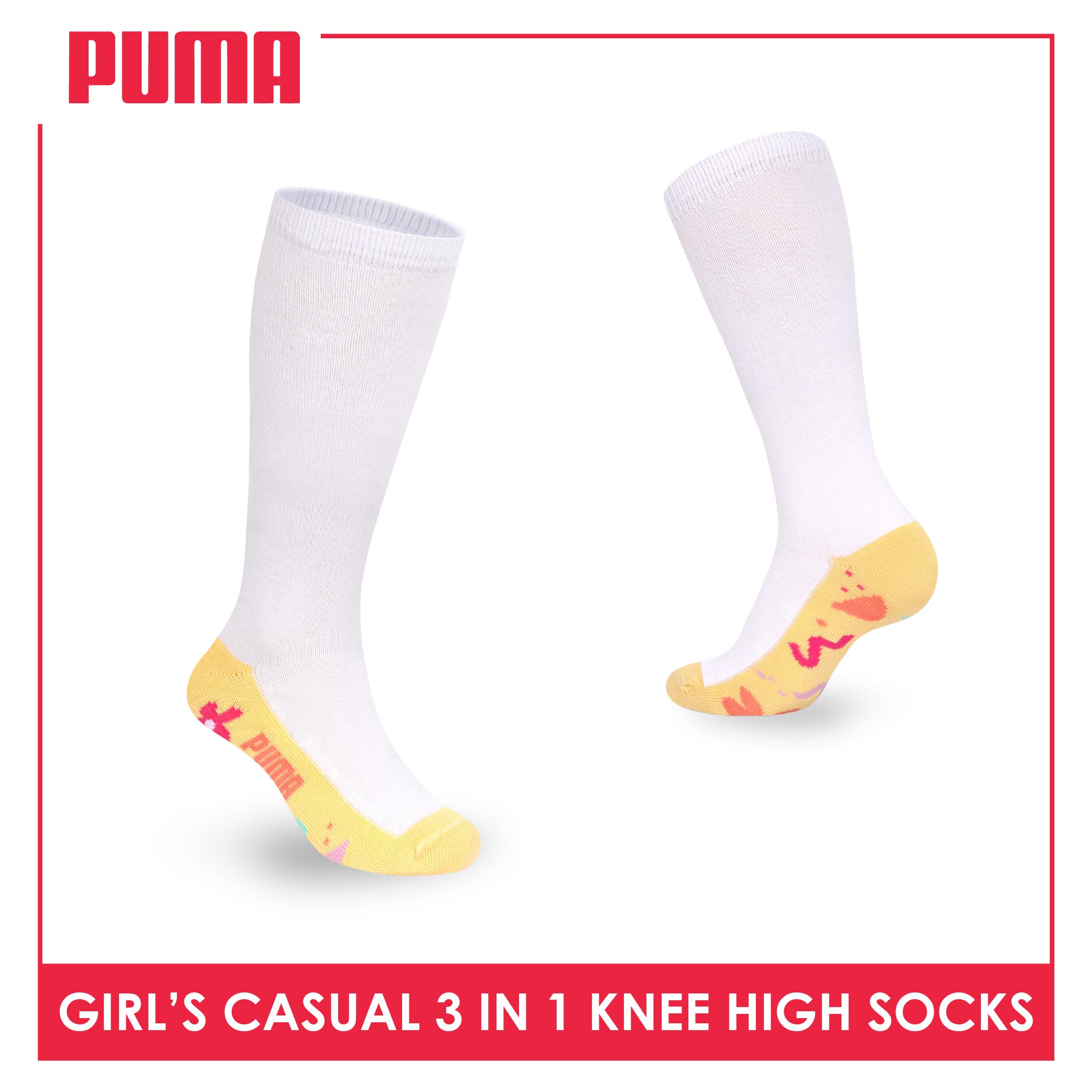 Puma Girls’ Cotton Thin Casual Knee High Socks 3 pairs in 1 pack PGKHG4