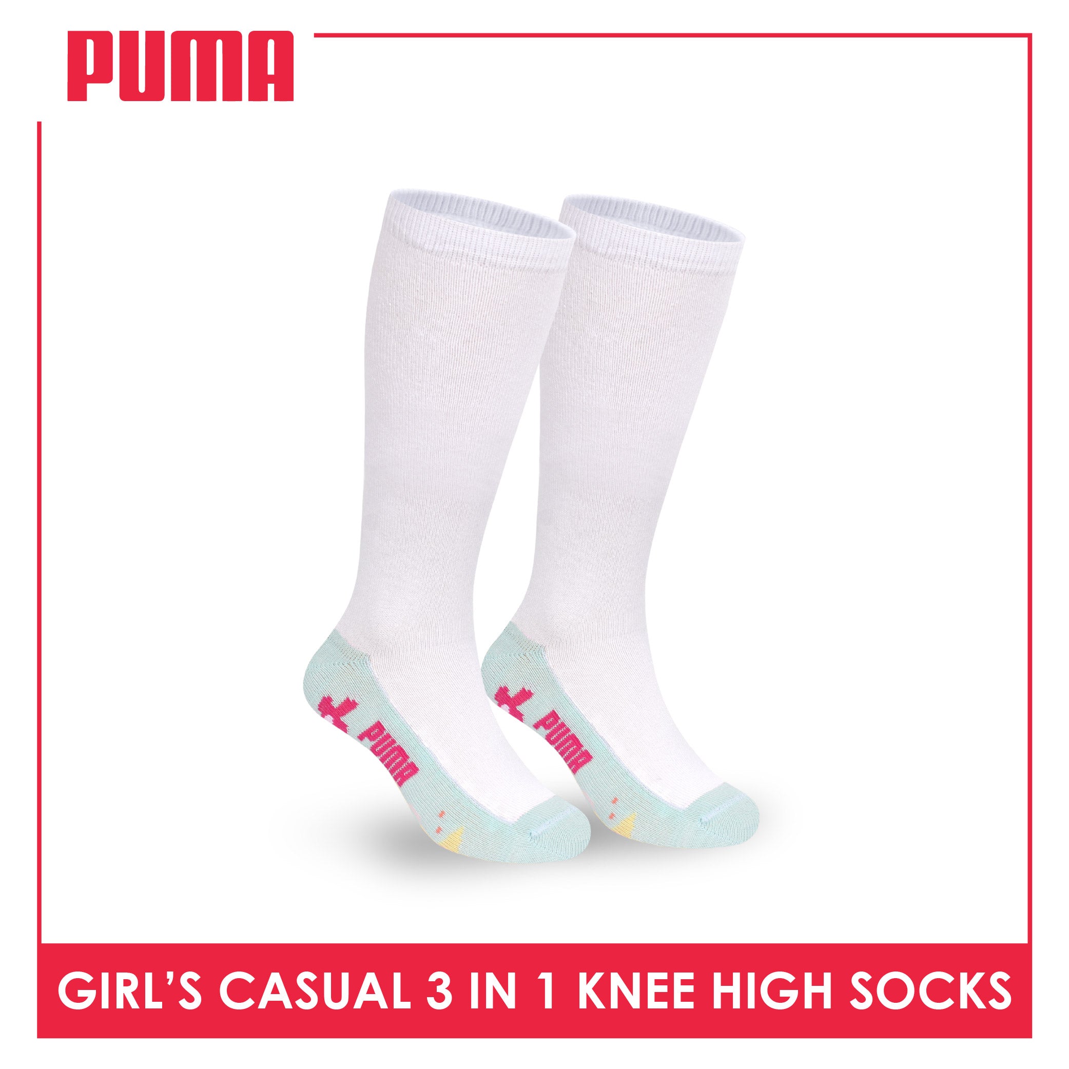 Puma Girls’ Cotton Thin Casual Knee High Socks 3 pairs in 1 pack PGKHG4