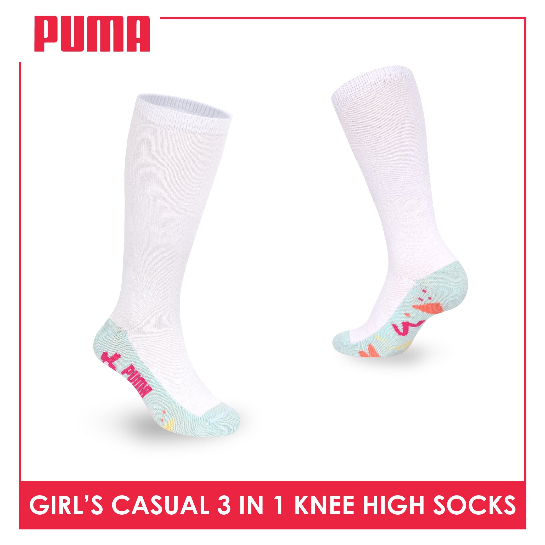 Puma Girls’ Cotton Thin Casual Knee High Socks 3 pairs in 1 pack PGKHG4