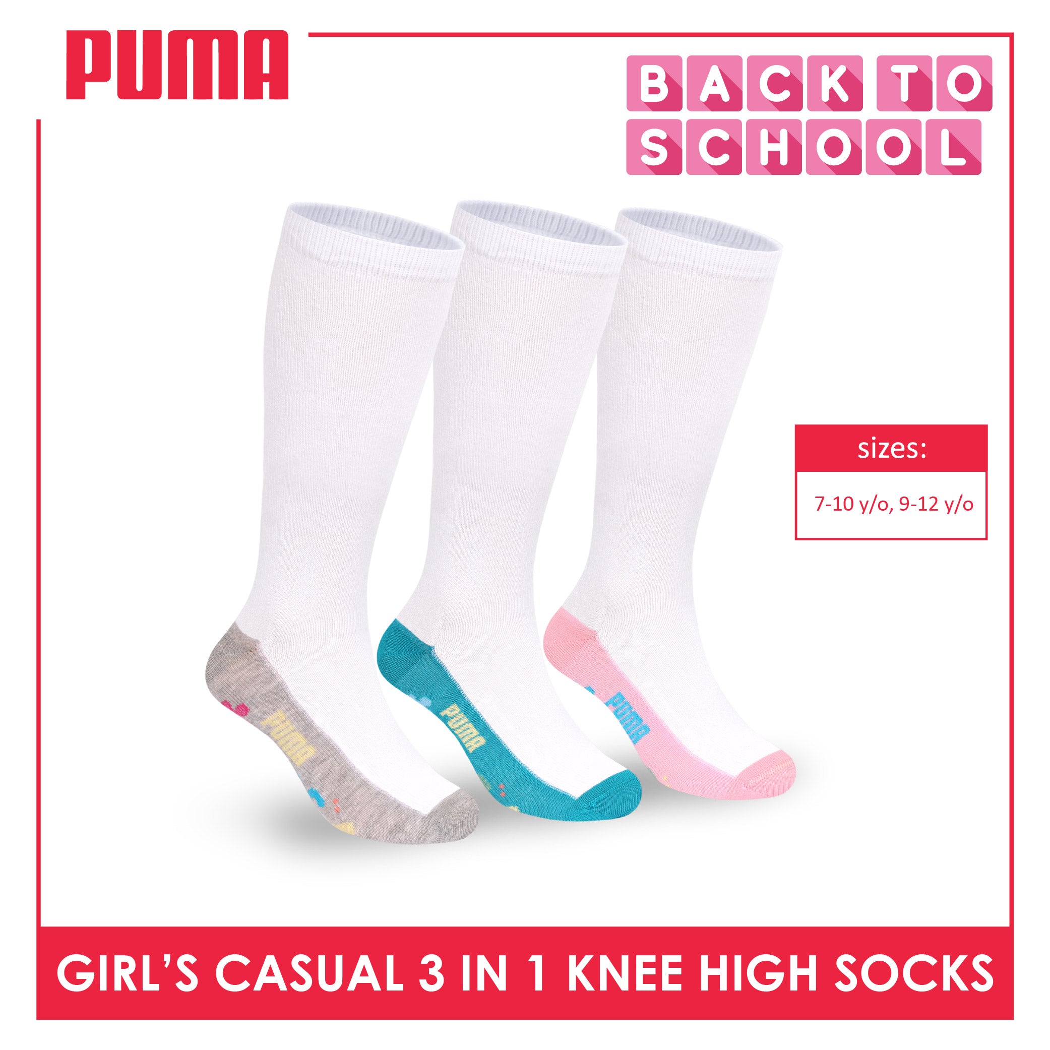 Puma Girls’ Cotton Thin Casual Knee High Socks 3 pairs in 1 pack PGKHG4
