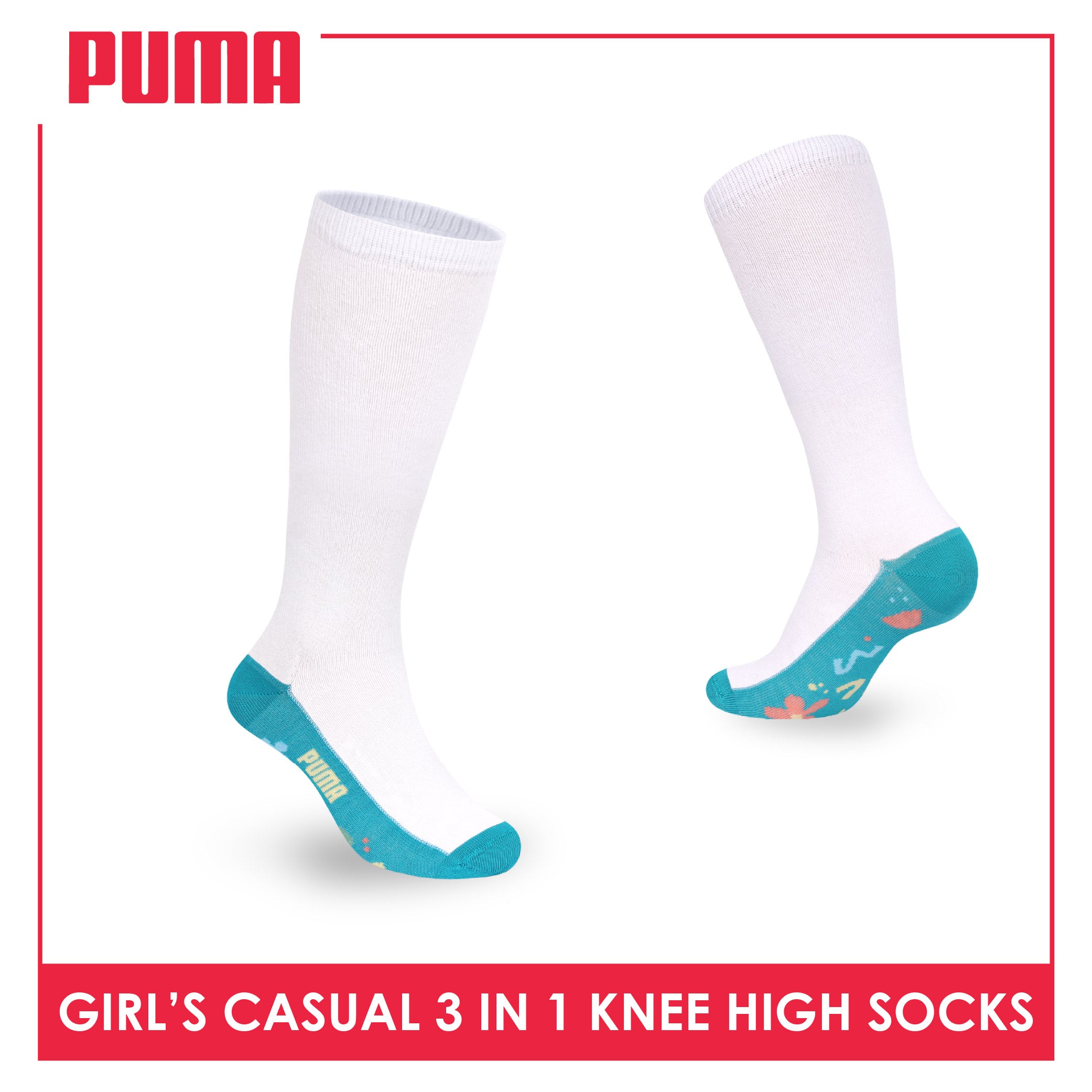 Puma Girls’ Cotton Thin Casual Knee High Socks 3 pairs in 1 pack PGKHG4