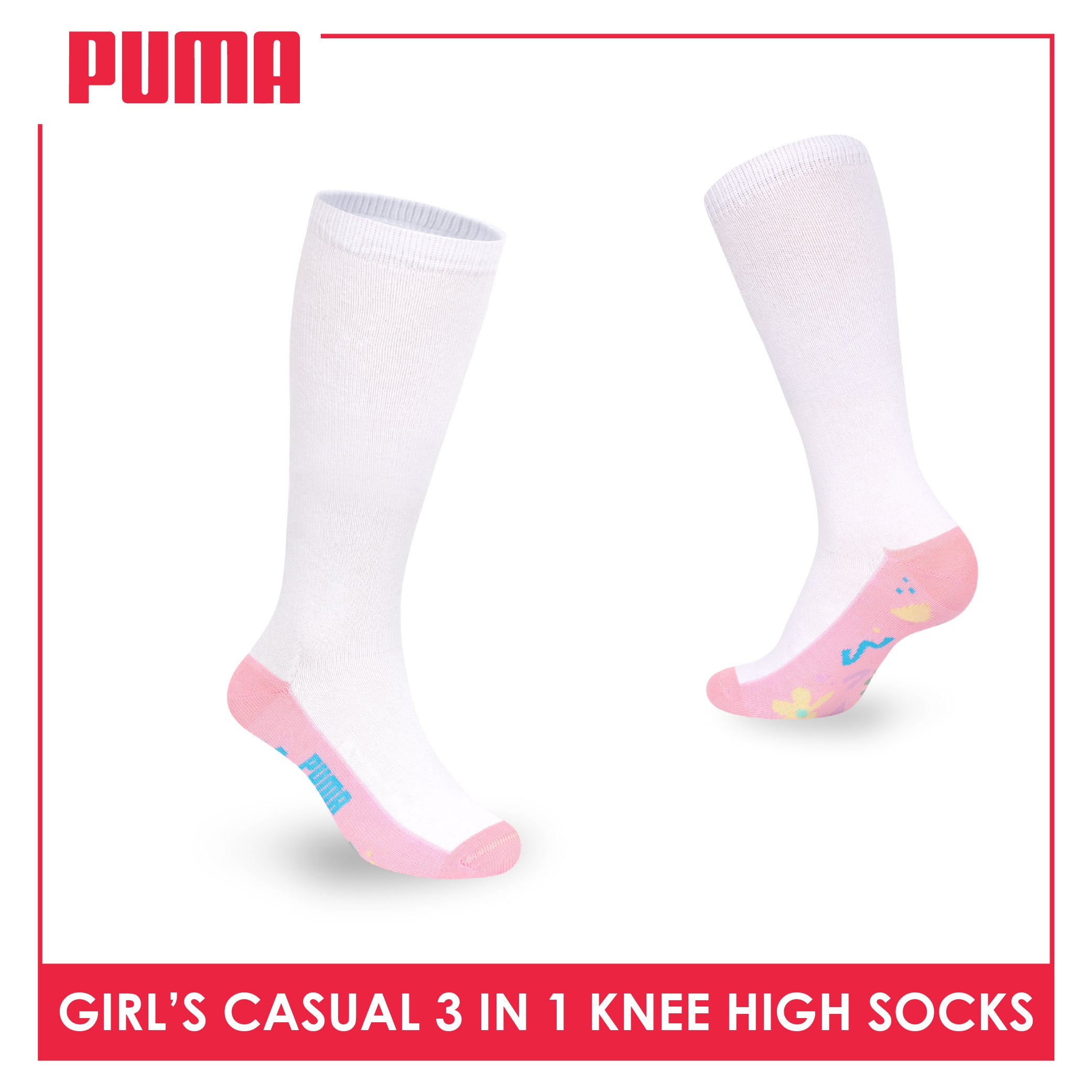 Puma Girls’ Cotton Thin Casual Knee High Socks 3 pairs in 1 pack PGKHG4