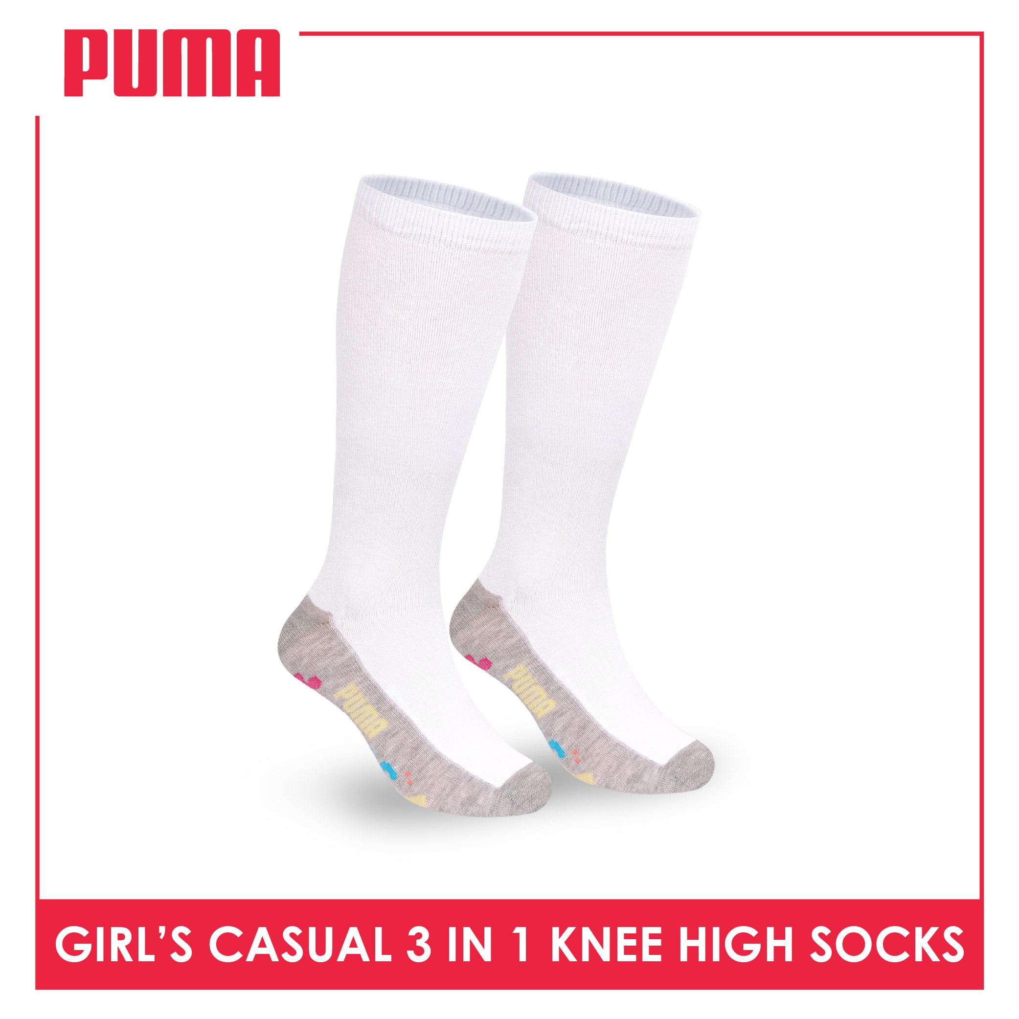 Puma Girls’ Cotton Thin Casual Knee High Socks 3 pairs in 1 pack PGKHG4