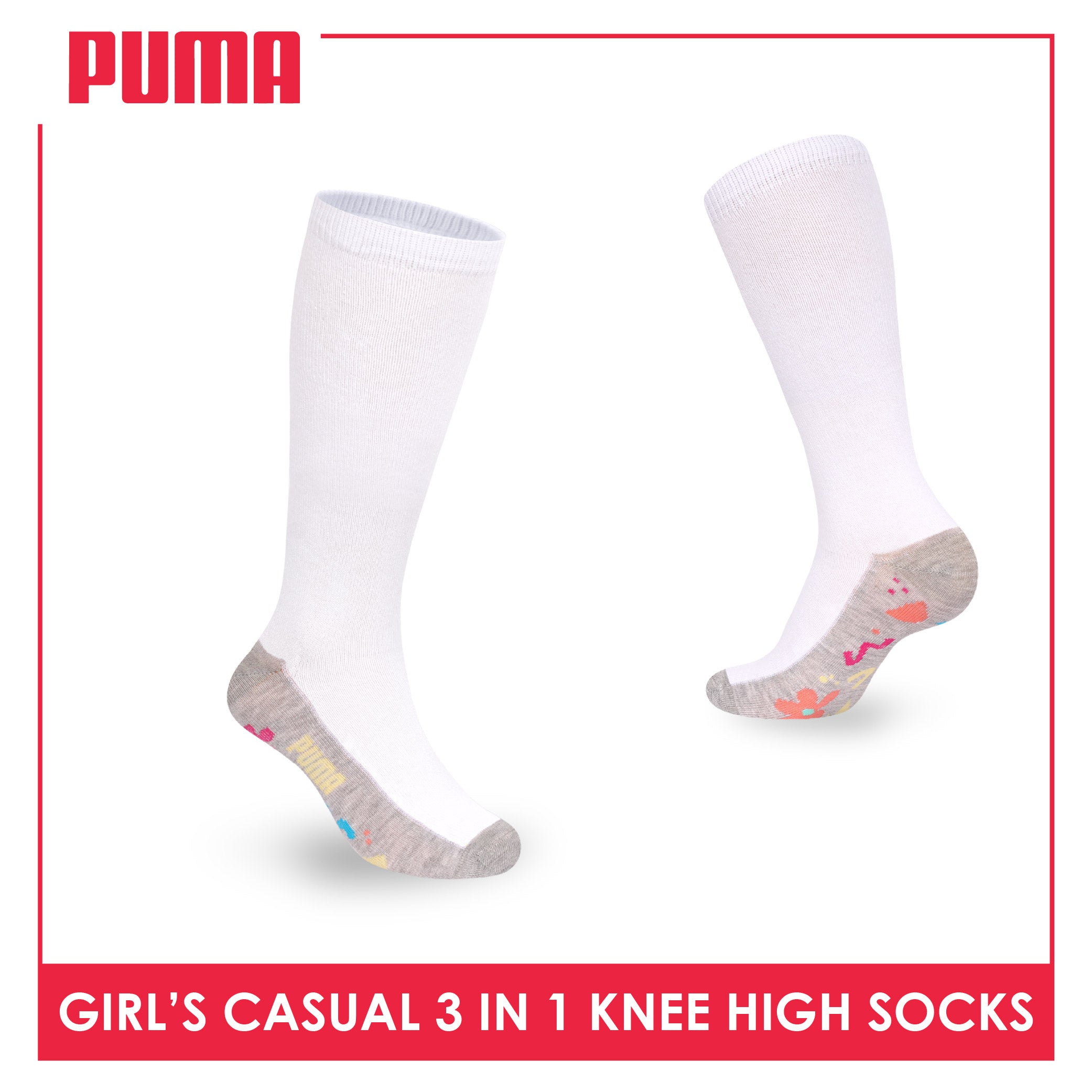 Puma Girls’ Cotton Thin Casual Knee High Socks 3 pairs in 1 pack PGKHG4