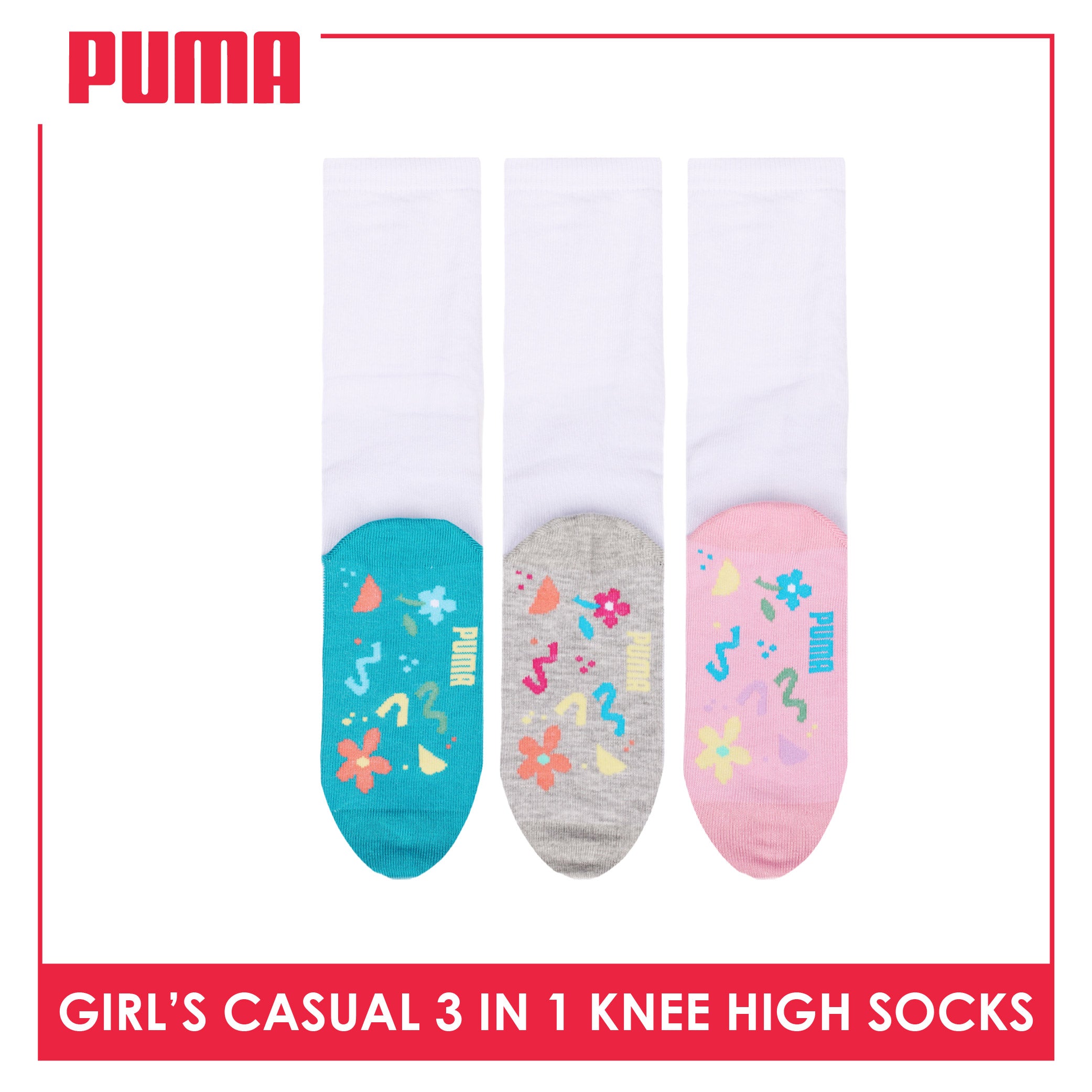 Puma Girls’ Cotton Thin Casual Knee High Socks 3 pairs in 1 pack PGKHG4