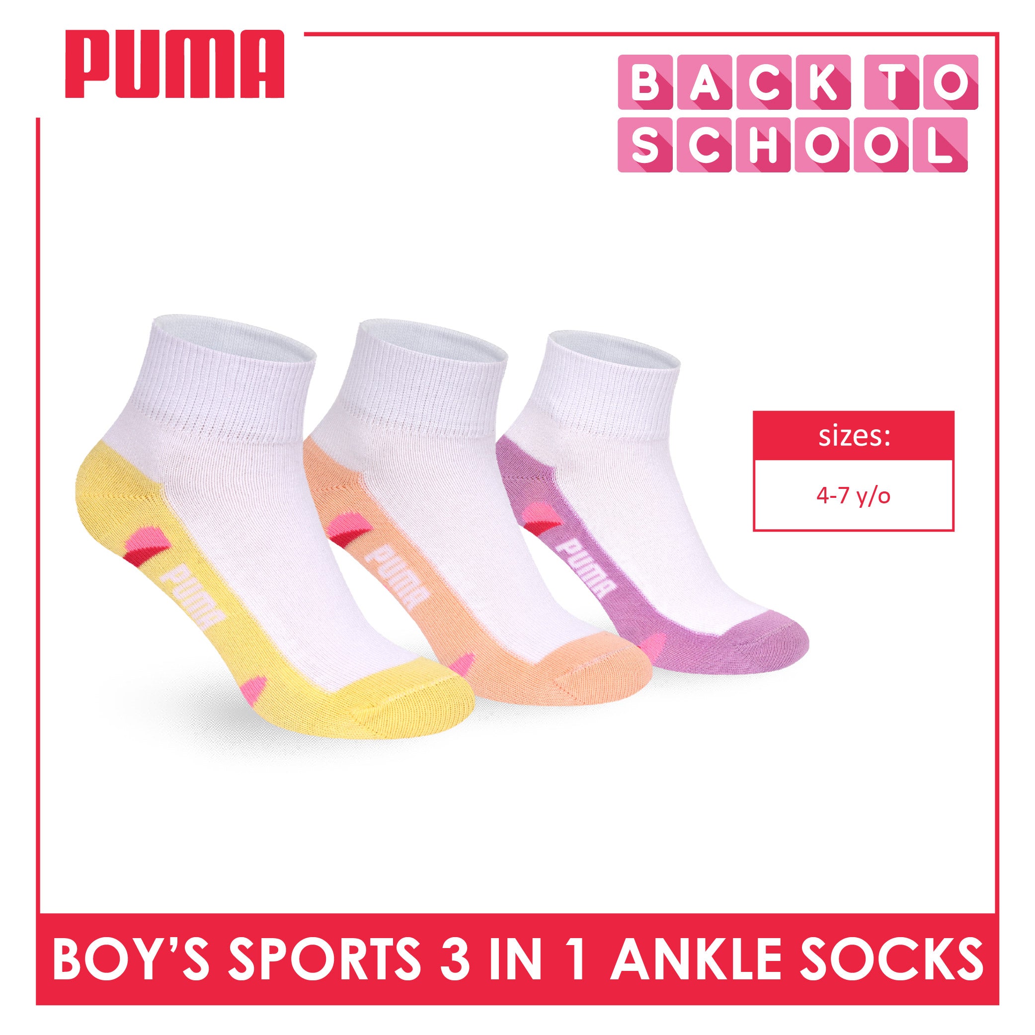Puma Girls’ Cotton Thin Casual Ankle Socks 3 pairs in 1 pack PGCKG29