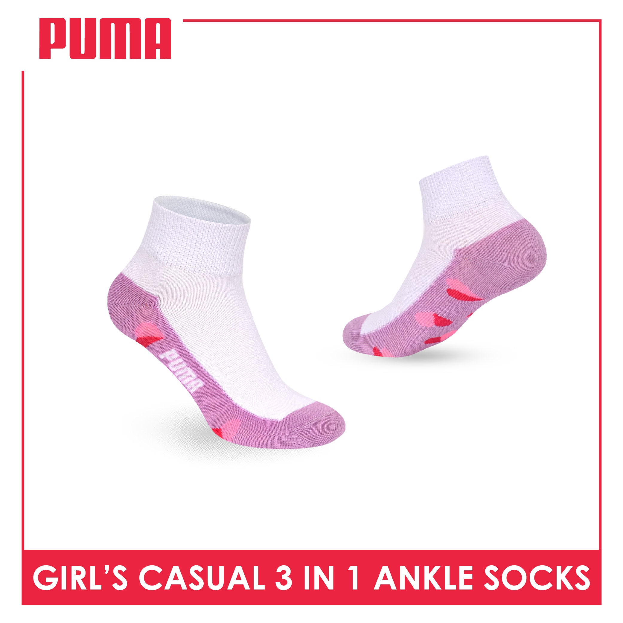 Puma Girls’ Cotton Thin Casual Ankle Socks 3 pairs in 1 pack PGCKG29