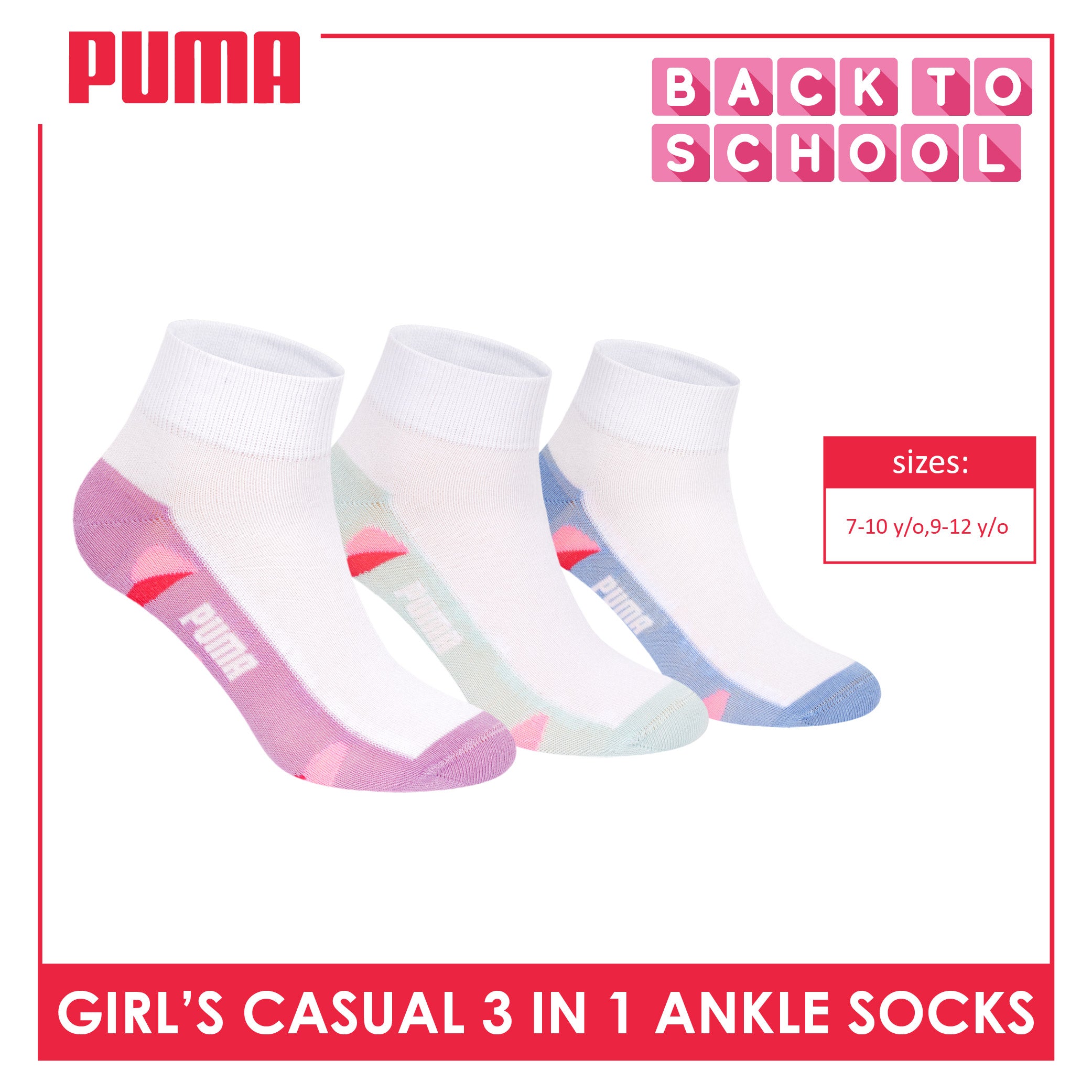 Puma Girls’ Cotton Thin Casual Ankle Socks 3 pairs in 1 pack PGCKG29