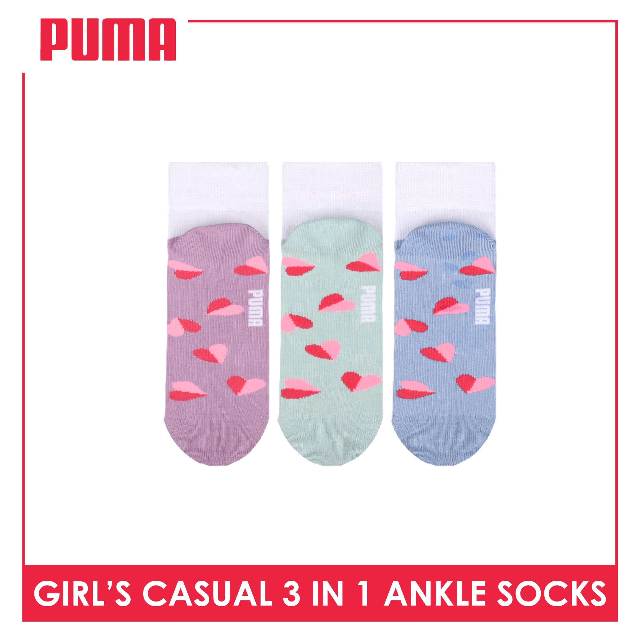Puma Girls’ Cotton Thin Casual Ankle Socks 3 pairs in 1 pack PGCKG29