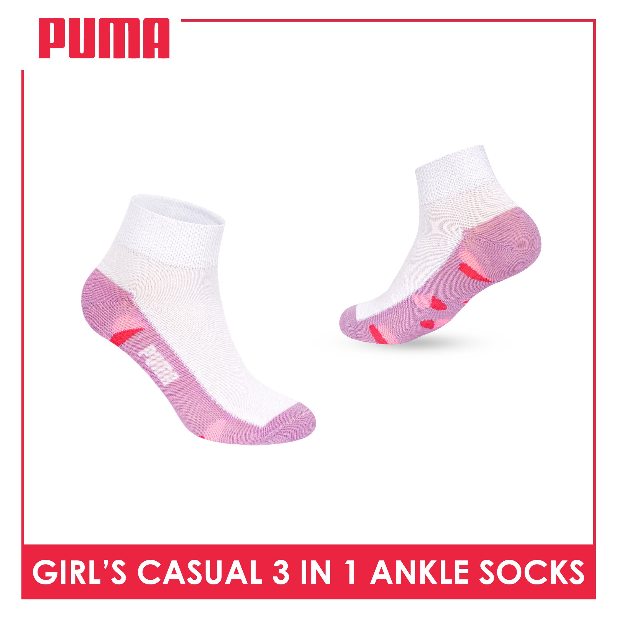 Puma Girls’ Cotton Thin Casual Ankle Socks 3 pairs in 1 pack PGCKG29
