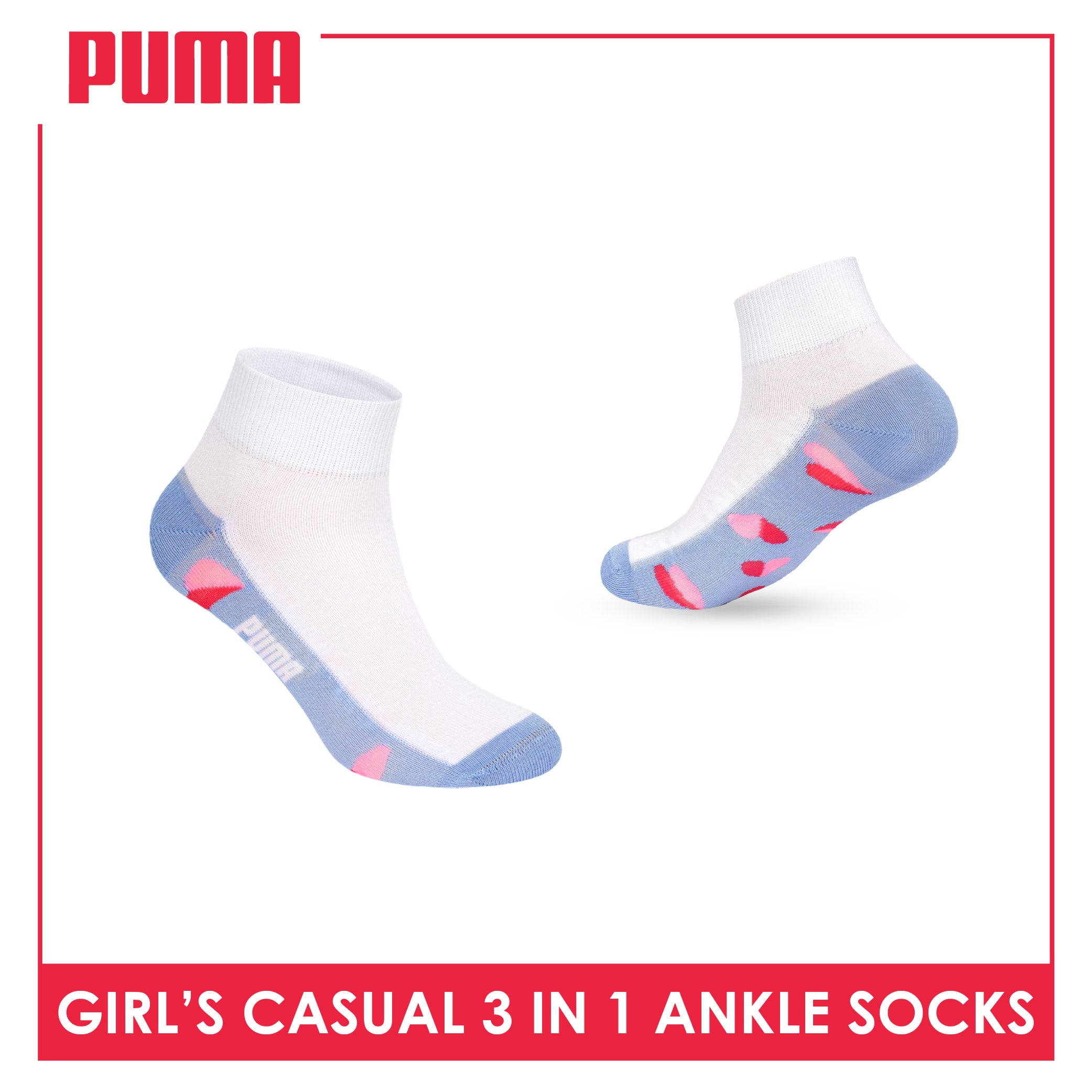 Puma Girls’ Cotton Thin Casual Ankle Socks 3 pairs in 1 pack PGCKG29