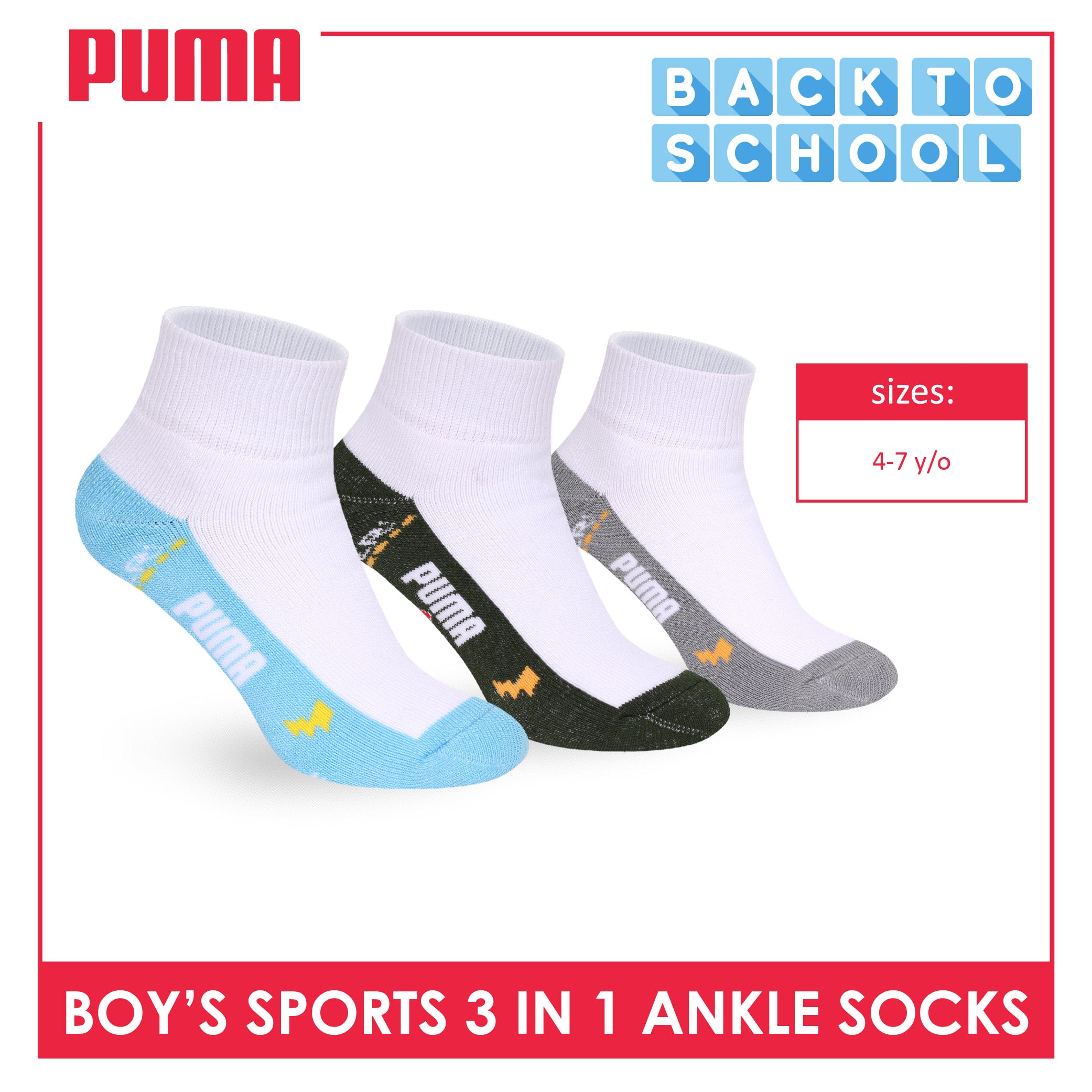 Puma Boys’ Cotton Thick Sports Ankle Socks 3 pairs in 1 pack PBSKG23