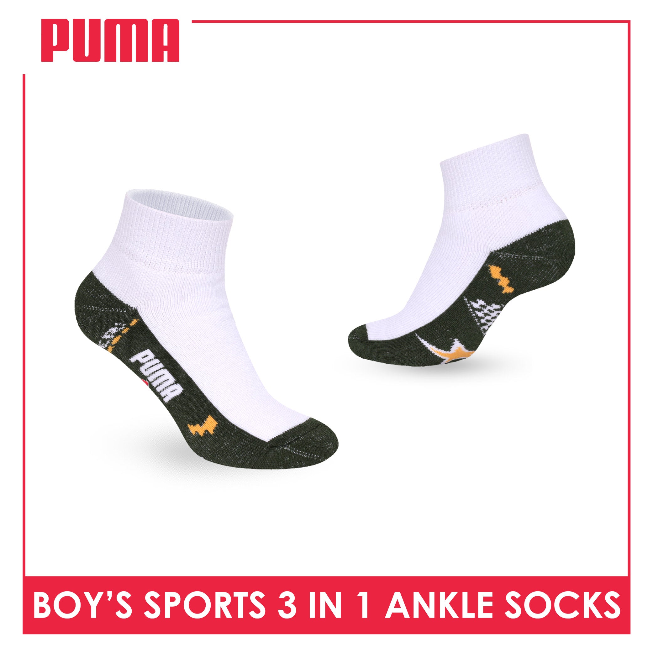 Puma Boys’ Cotton Thick Sports Ankle Socks 3 pairs in 1 pack PBSKG23